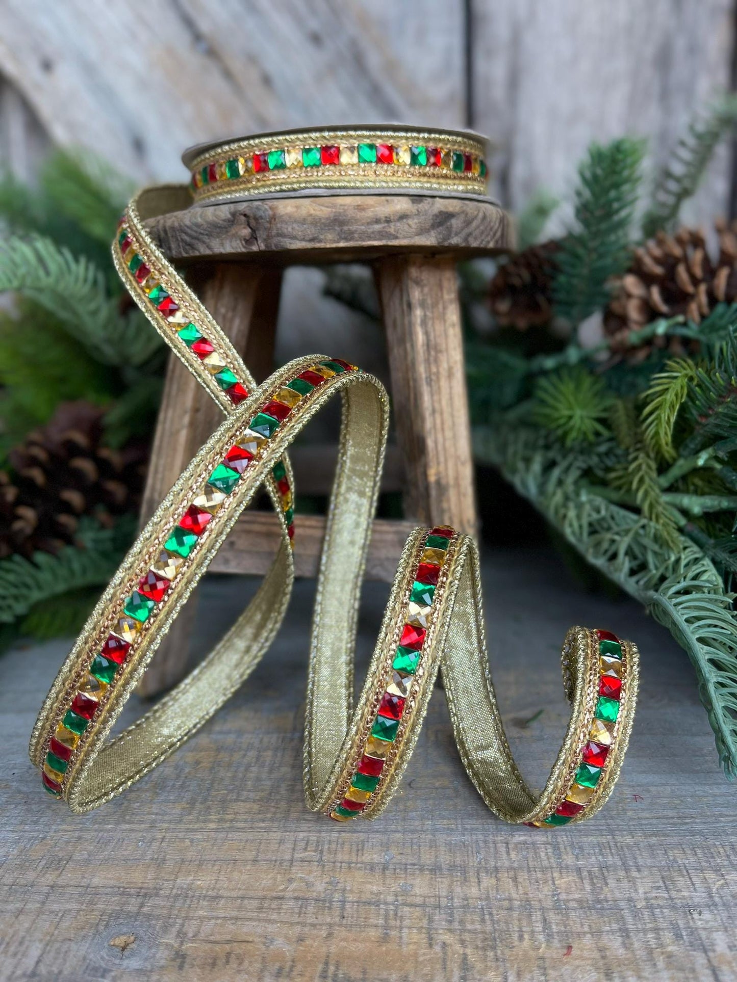 7/8" Red Green Gold Jeweled Ribbon, Jeweled Ribbon, Christmas Ribbon, Jeweled Ribbon, Christmas Ribbon, Wired Ribbon,