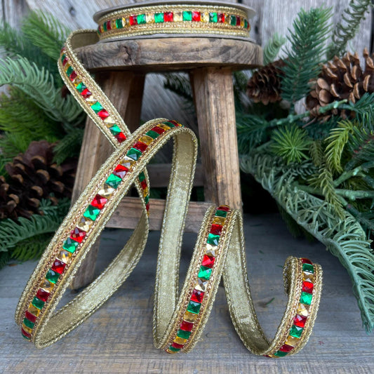 3/4" Red Green Gold Jeweled Ribbon, Farrisilk Ribbon, Jewelry Garland, Christmas Ribbon, Jeweled Ribbon, Christmas Ribbon, RK758-48