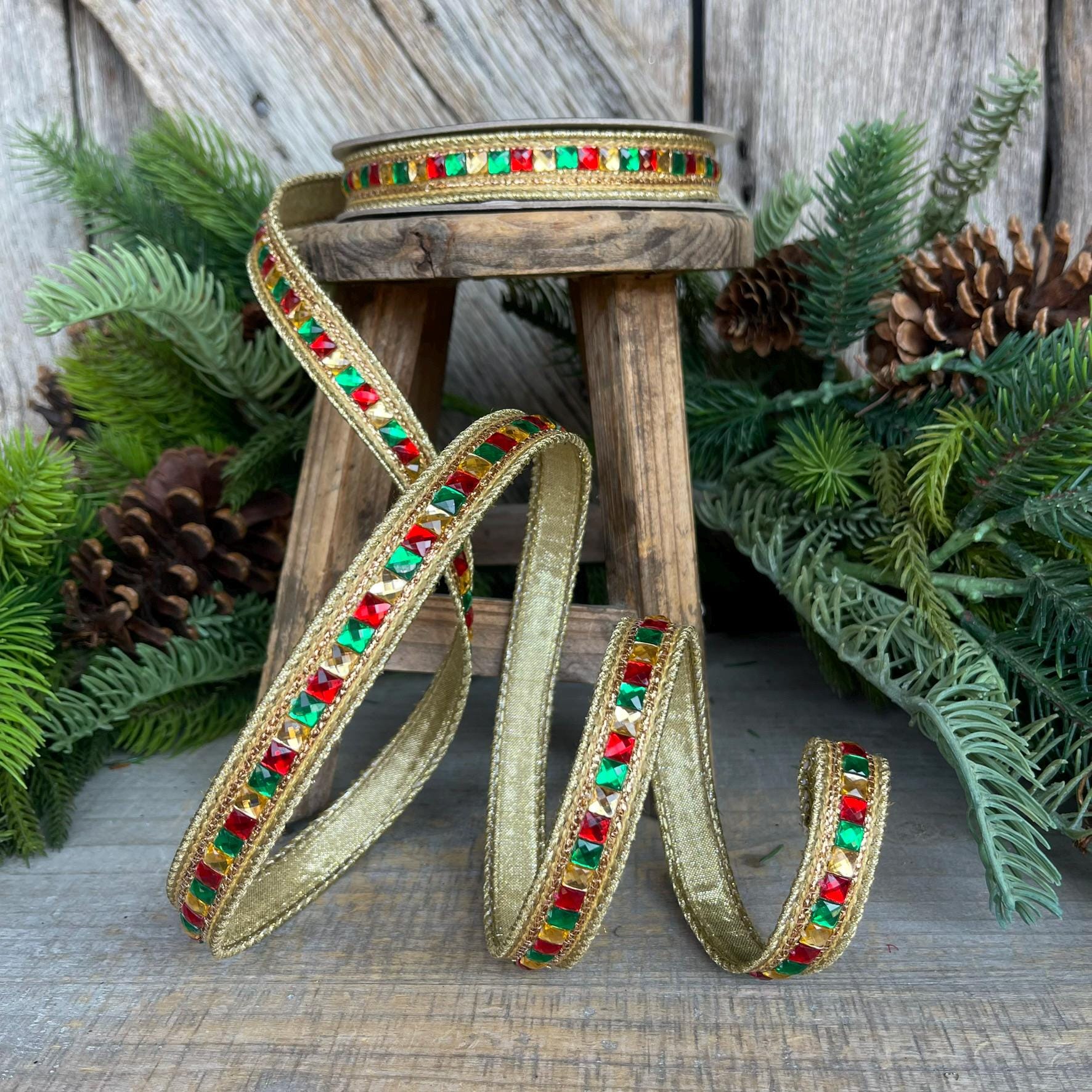 7/8" Red Green Gold Jeweled Ribbon, Jeweled Ribbon, Christmas Ribbon, Jeweled Ribbon, Christmas Ribbon, Wired Ribbon,