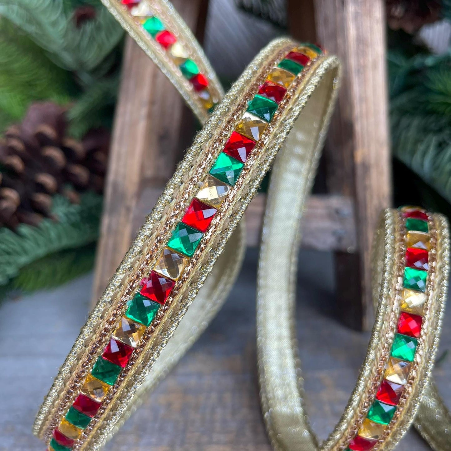 7/8" Red Green Gold Jeweled Ribbon, Jeweled Ribbon, Christmas Ribbon, Jeweled Ribbon, Christmas Ribbon, Wired Ribbon,