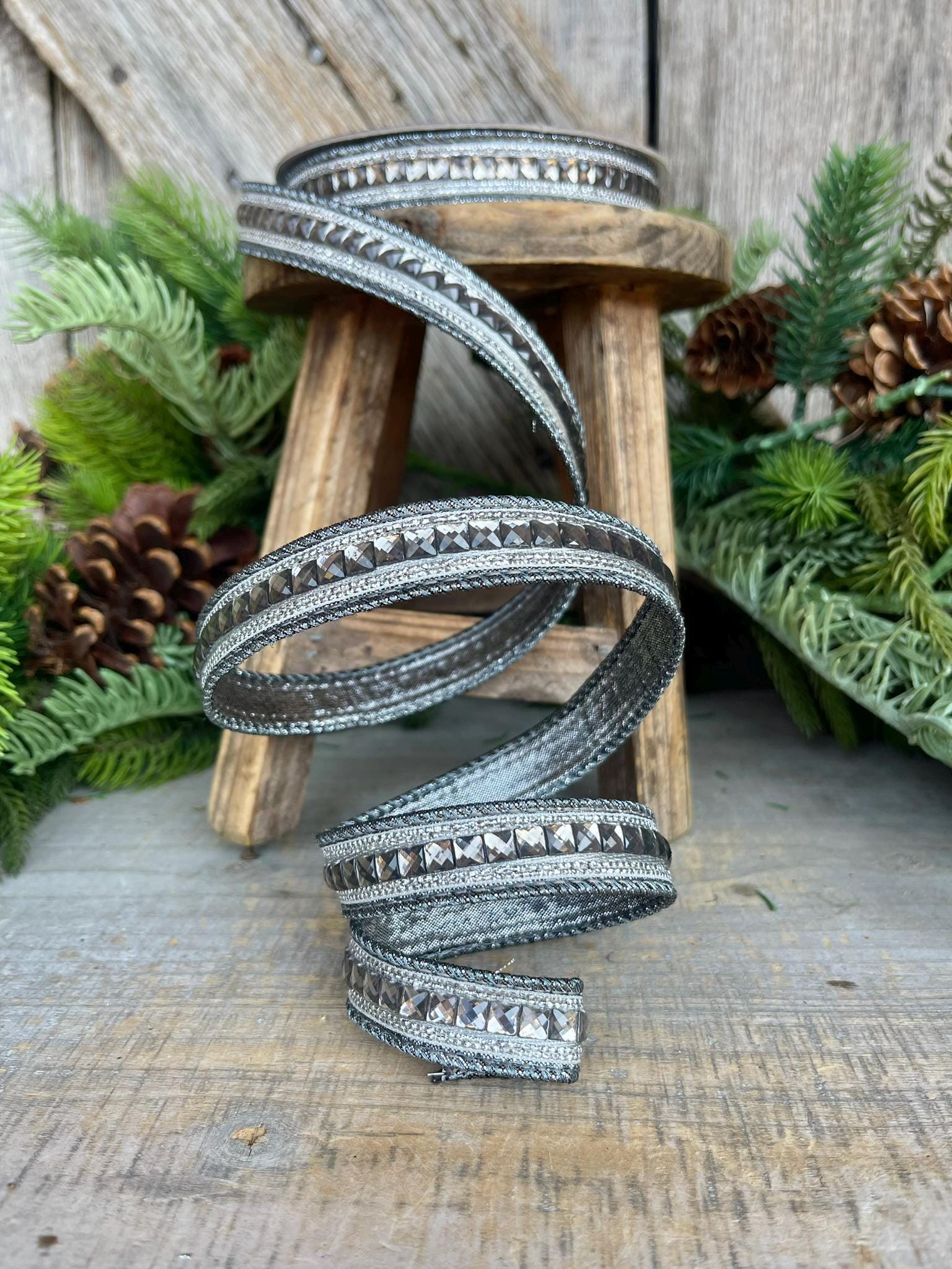 3/4" Silver Pewter Jeweled Ribbon, Farrisilk Ribbon