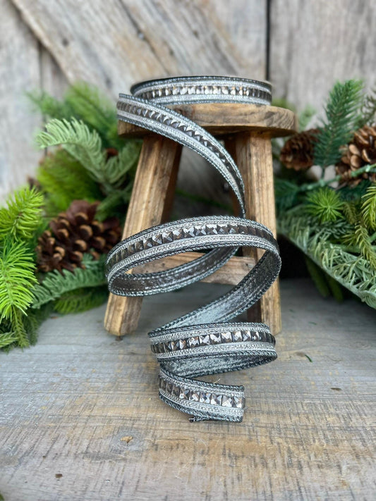 3/4" Silver Pewter Jeweled Ribbon, Farrisilk Ribbon, Silver Jewelry Garland, Christmas Ribbon, Jeweled Ribbon, Gunmetal Color, RK475-99