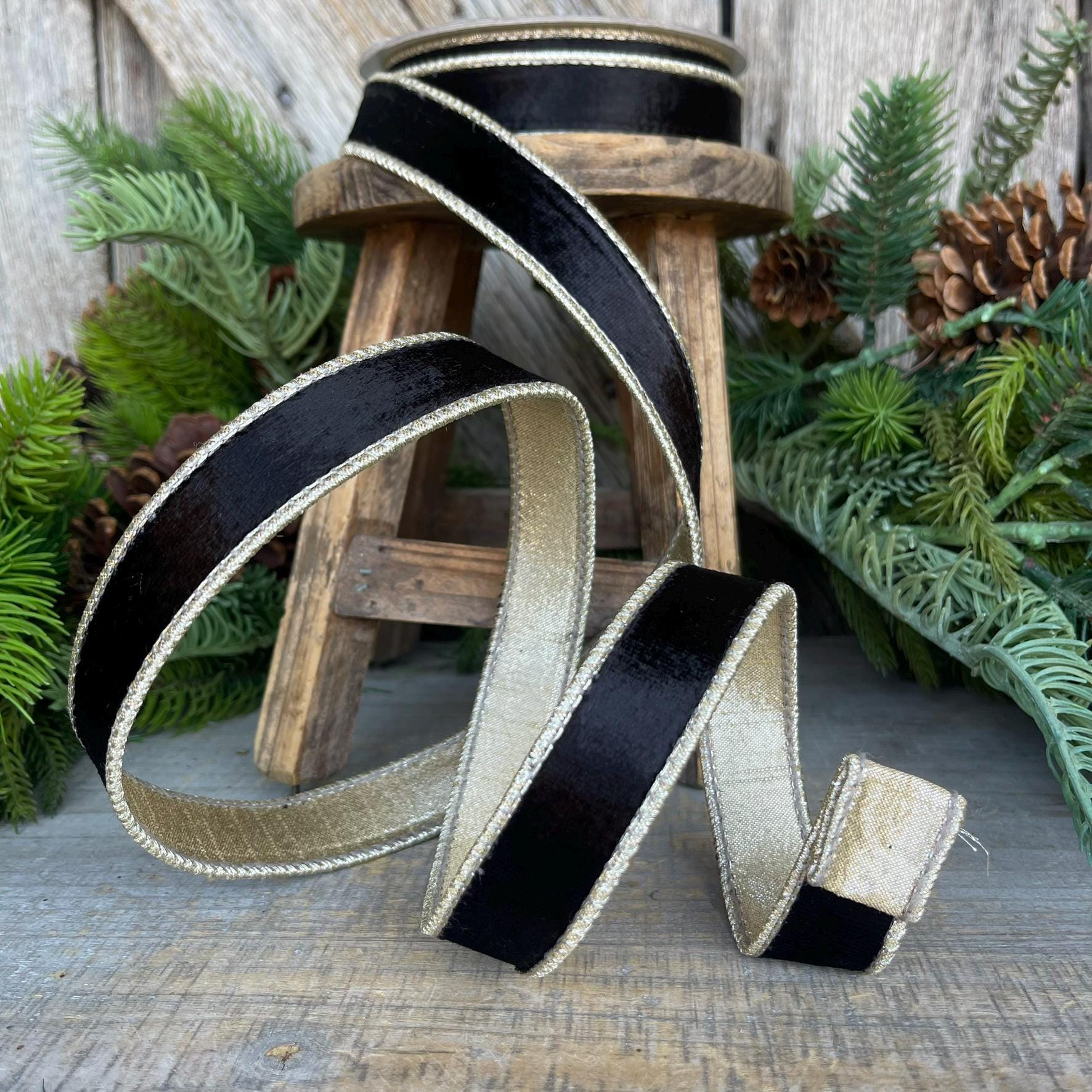 1" Black Satin Velvet Ribbon, Farrisilk Ribbon