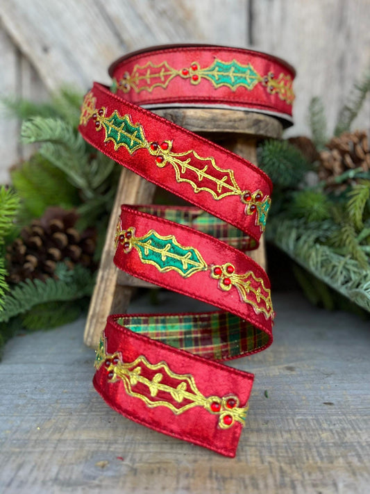 1.5" Red Holly Leaf Ribbon, Farrisilk RIbbon, Holly Jolly Ribbon, Red Christmas Ribbon, Holly Leaf Ribbon, RK669-47