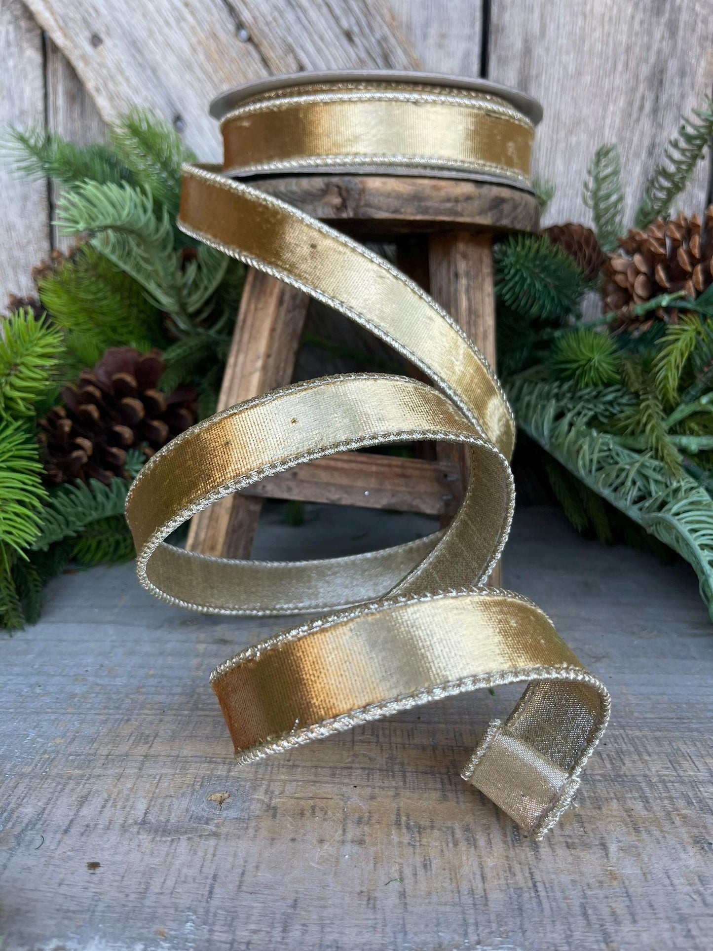 1" Gold Satin Velvet Ribbon, Farrisilk Ribbon, Gold Velvet Ribbon, Christmas RIbbon,Black Platinum Velvet Ribbon,Designer Ribbon, RK661-50