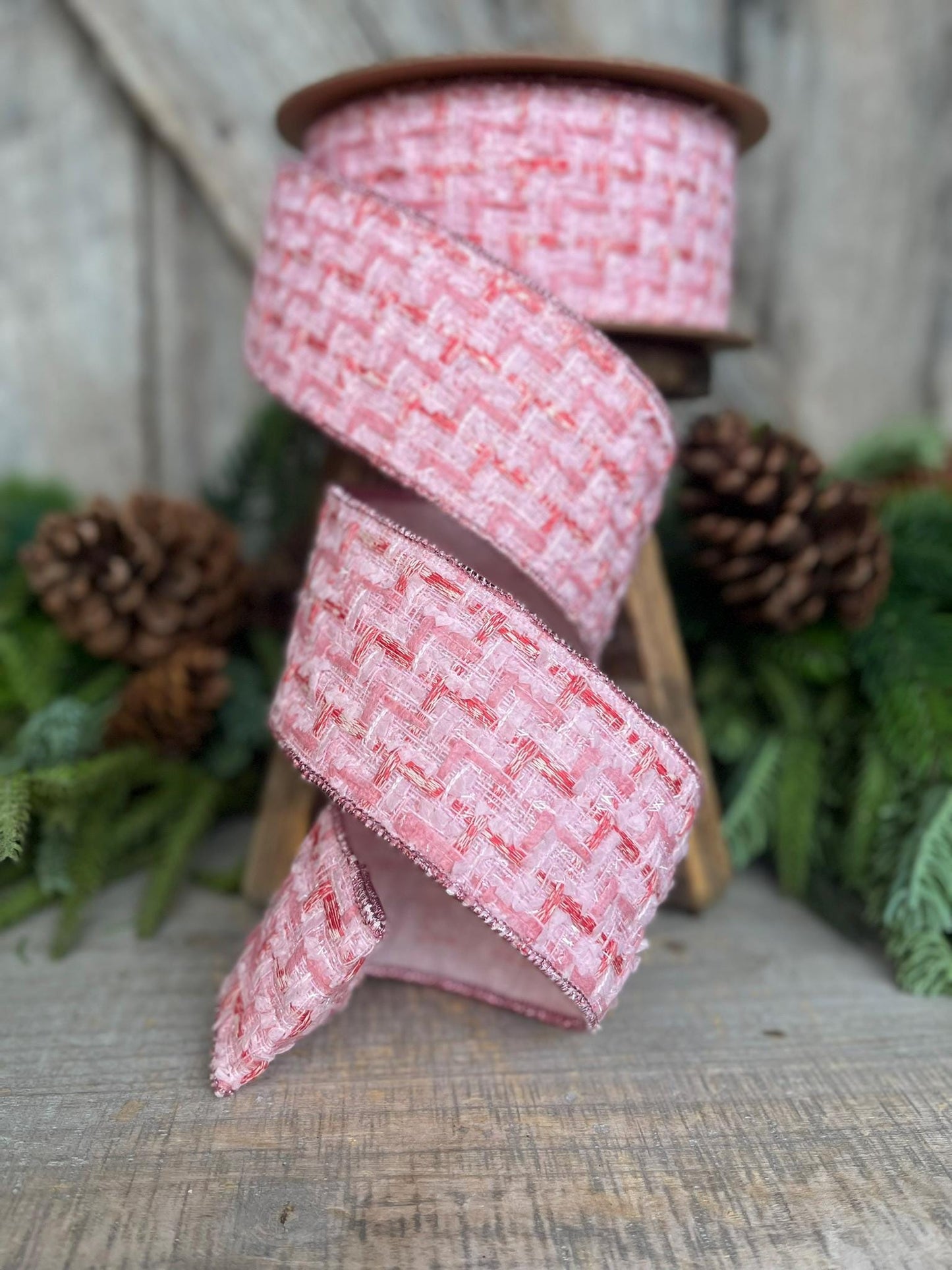 2.5" Pink Tweed Ribbon, Pink Christmas Ribbon, Designer Ribbon, Pink Christmas Tree Ribbon, Pink Tweed Design Inspired RIbbon