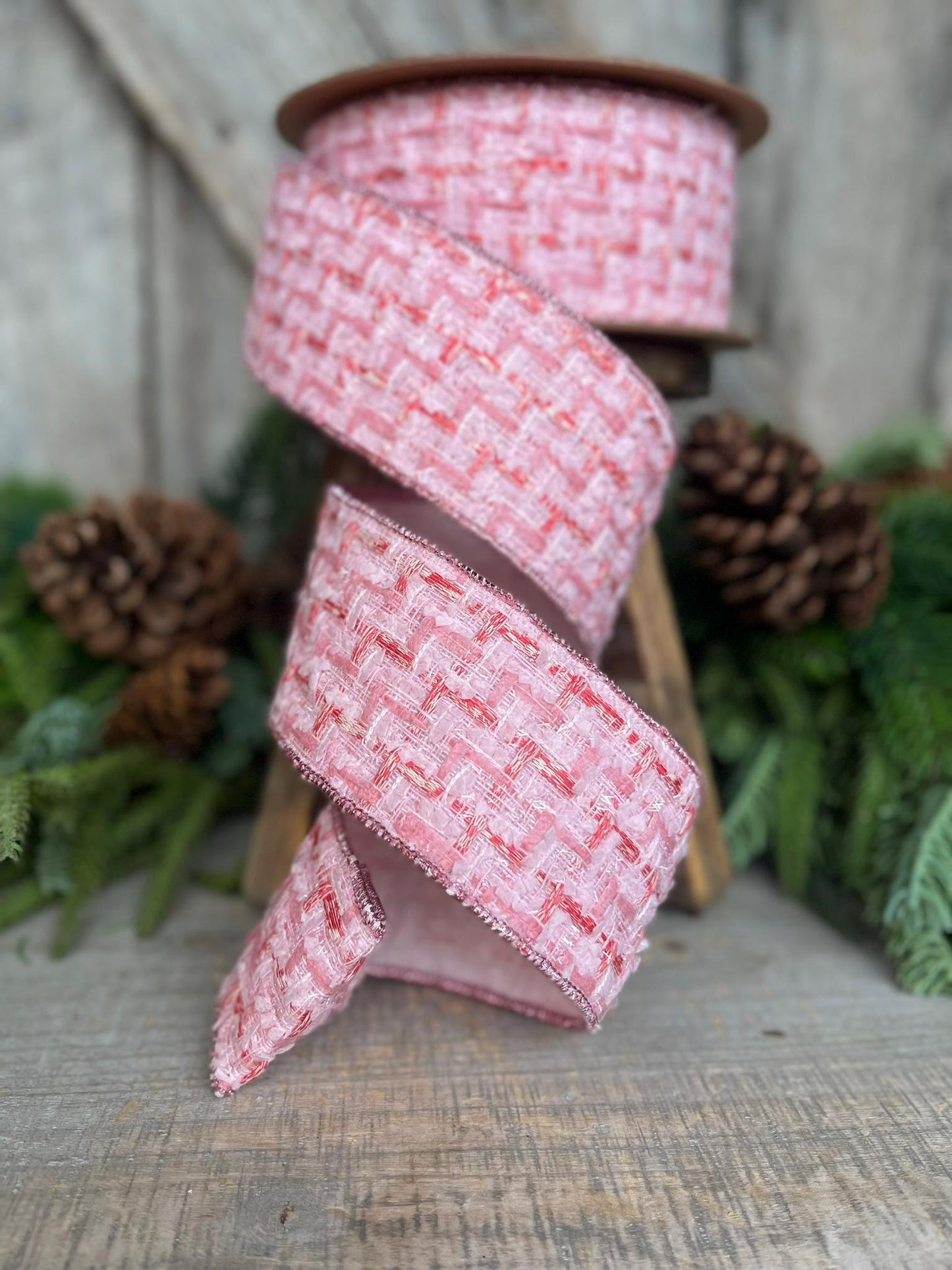 2.5" Pink Tweed Ribbon, Pink Christmas Ribbon