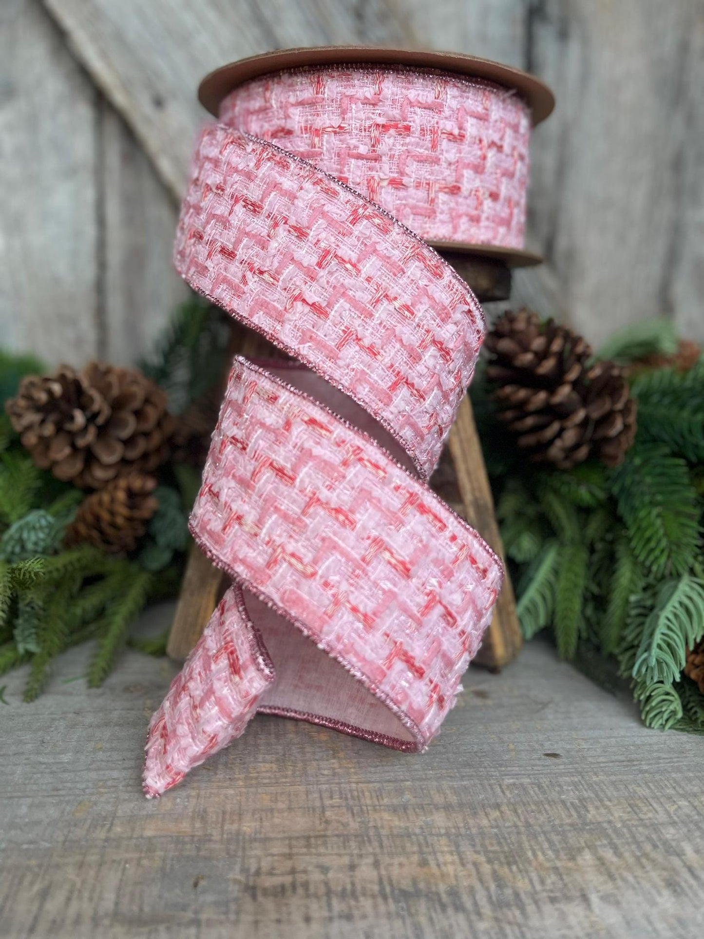 2.5" Pink Tweed Ribbon, Pink Christmas Ribbon, Designer Ribbon, Pink Christmas Tree Ribbon, Pink Tweed Design Inspired RIbbon