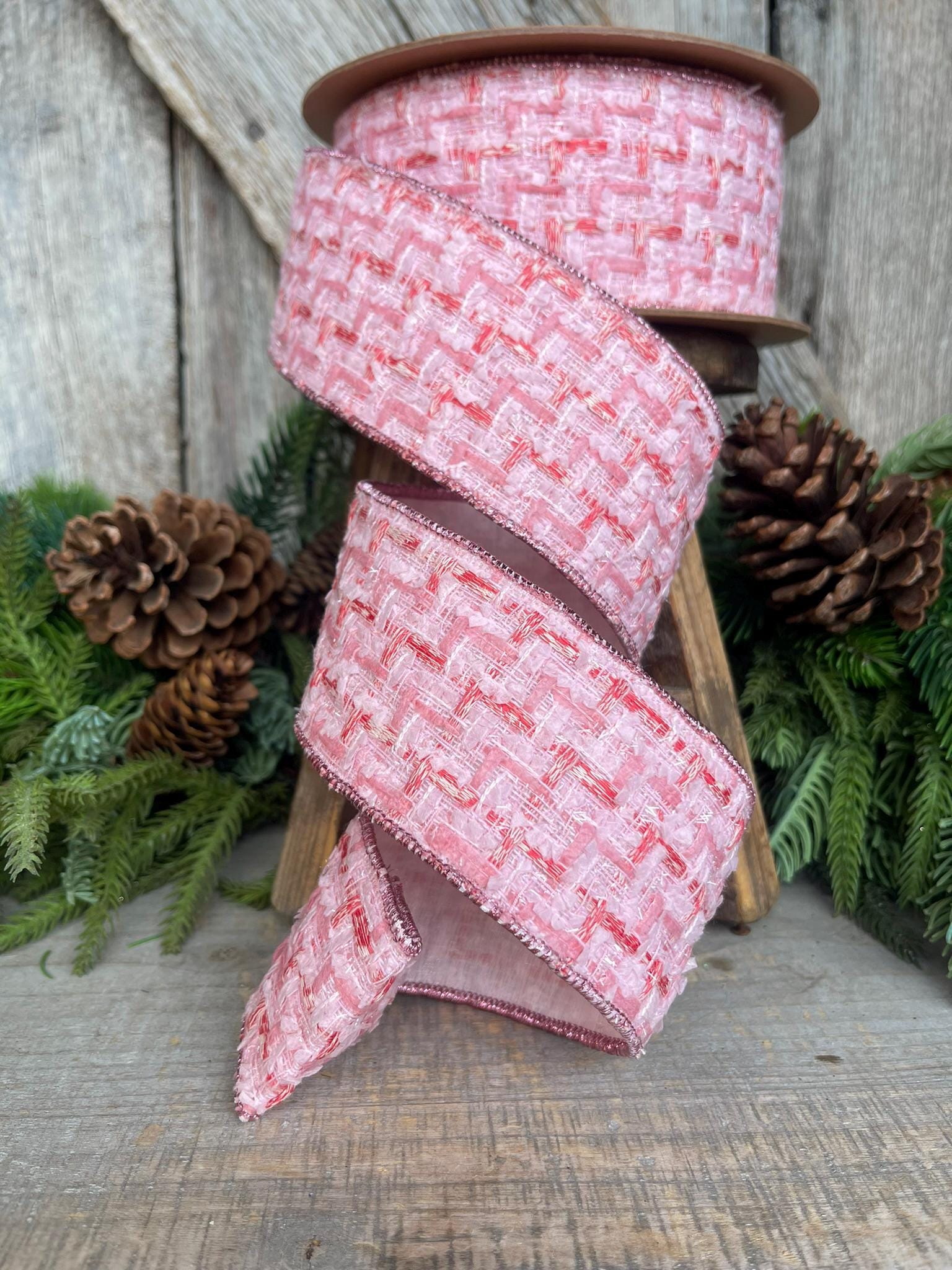 2.5" Pink Tweed Ribbon, Pink Christmas Ribbon, Designer Ribbon, Pink Christmas Tree Ribbon, Pink Tweed Design Inspired RIbbon