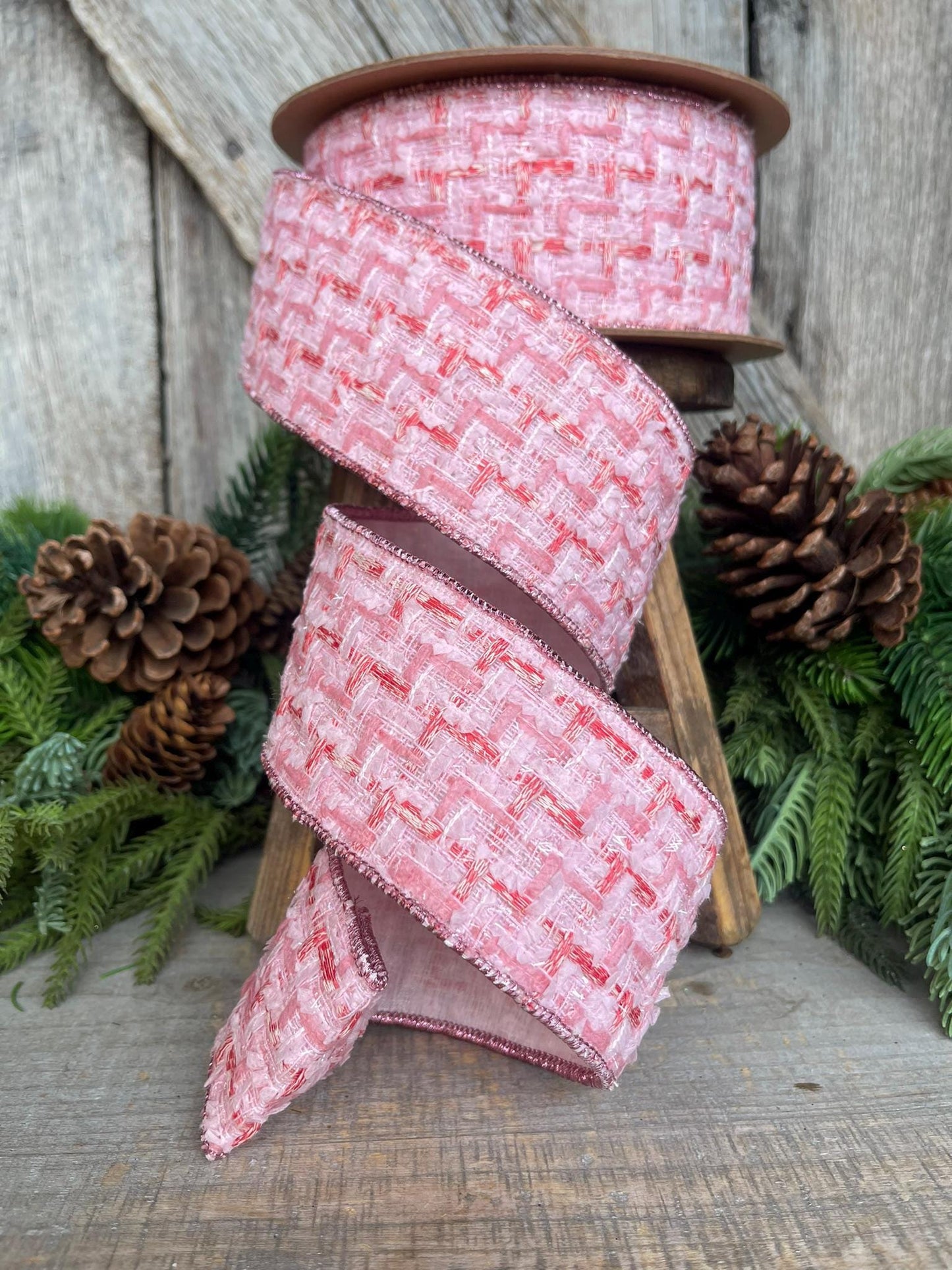 2.5" Pink Tweed Ribbon, Pink Christmas Ribbon, Designer Ribbon, Pink Christmas Tree Ribbon, Pink Tweed Design Inspired RIbbon