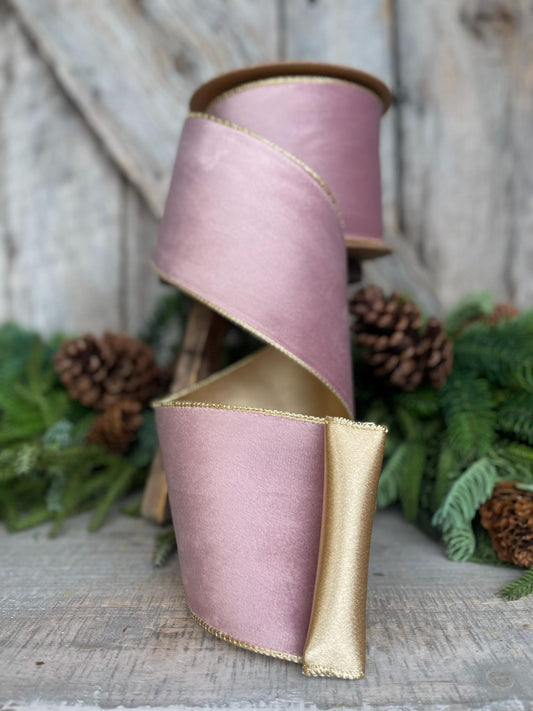 4" Dusty Pink Velvet Ribbon, Pink & Gold Velvet Ribbon, Wired Ribbon, Christmas Ribbon, Pink Christmas RIbbon, Dusty Rose Velvet