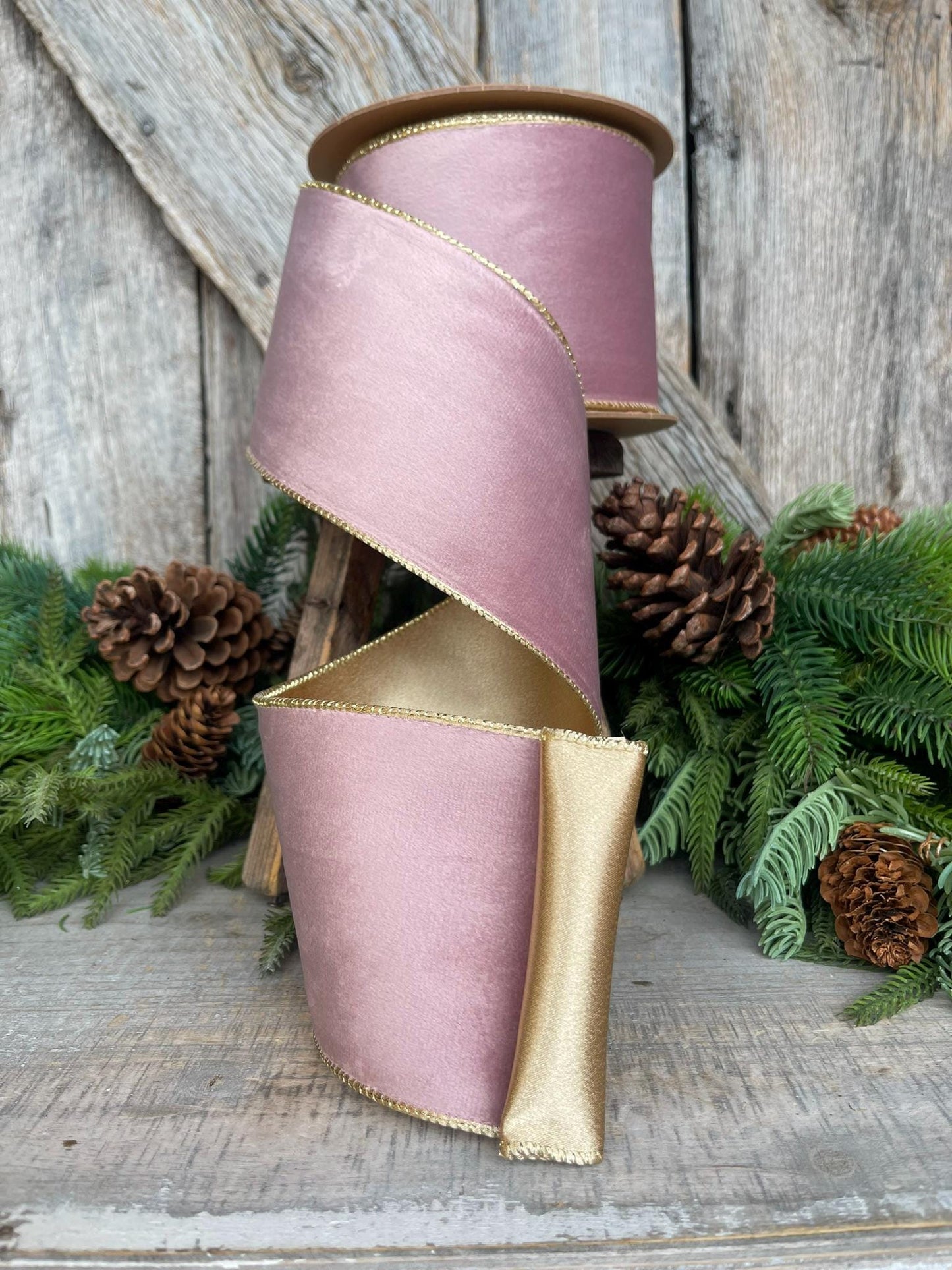 4" Dusty Pink Velvet Ribbon, Pink & Gold Velvet Ribbon