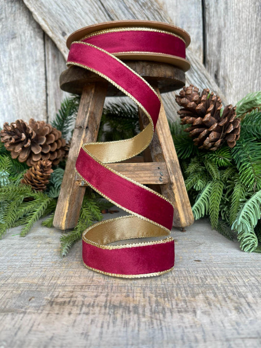 1" Burgundy Gold Velvet Ribbon, Burgundy Velvet Ribbon, Christmas RIbbon, Red and Gold Velvet Ribbon, Designer Ribbon, Gift Wrap Ribbon