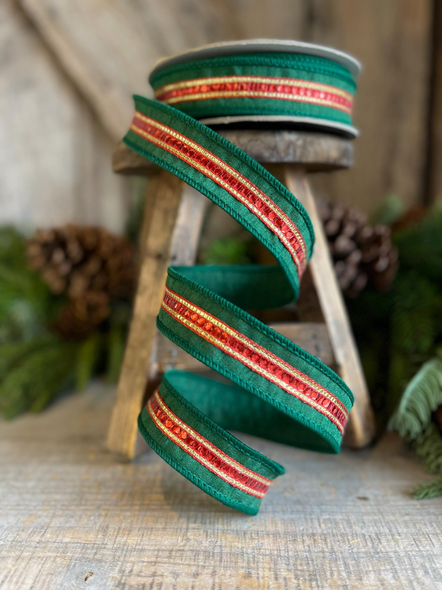 1" Green Red Twinkle Trim Ribbon, Farrisilk ribbon