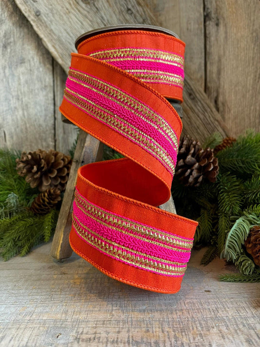 2.5" Orange & Pink Stripe Ribbon, Christmas Ribbon, Pinkmas Ribon, Candy Cane Ribbon, Pink Ribbon, Pink Christmas Tree Ribbon,Wired