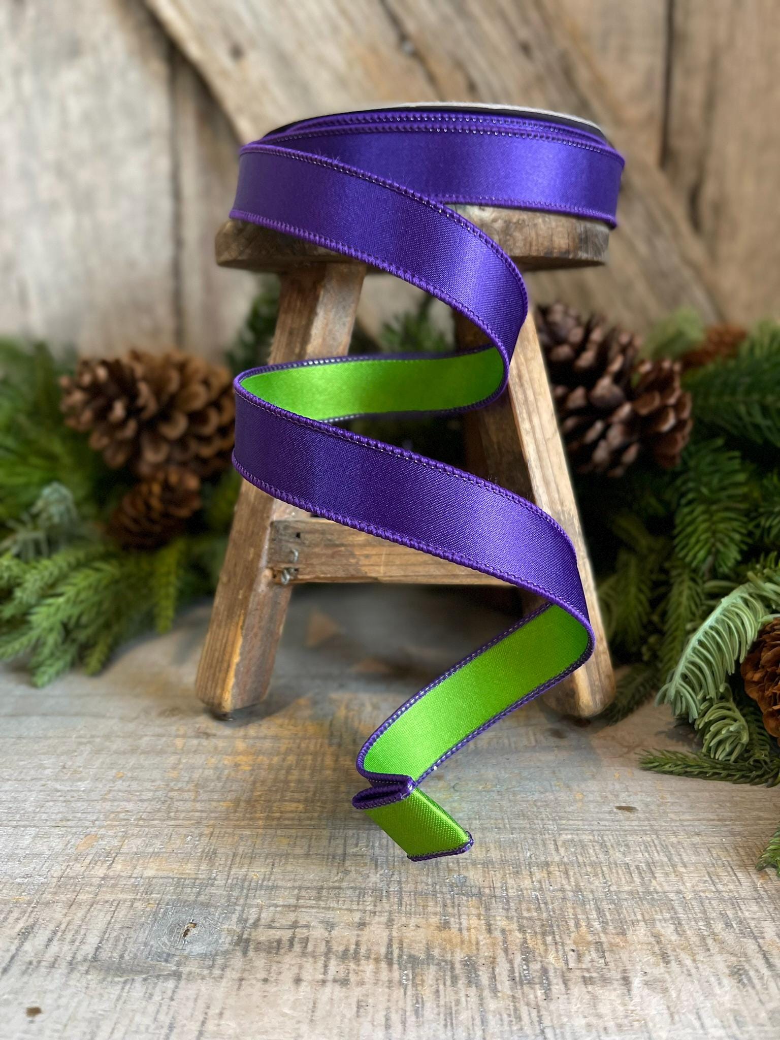 1" Purple Green Satin Ribbon, Farrisilk Ribbon, Wired Ribbon, Satin Duo, Halloween Ribbon, Purple Ribbon, Designer RIbbon, RS162-27