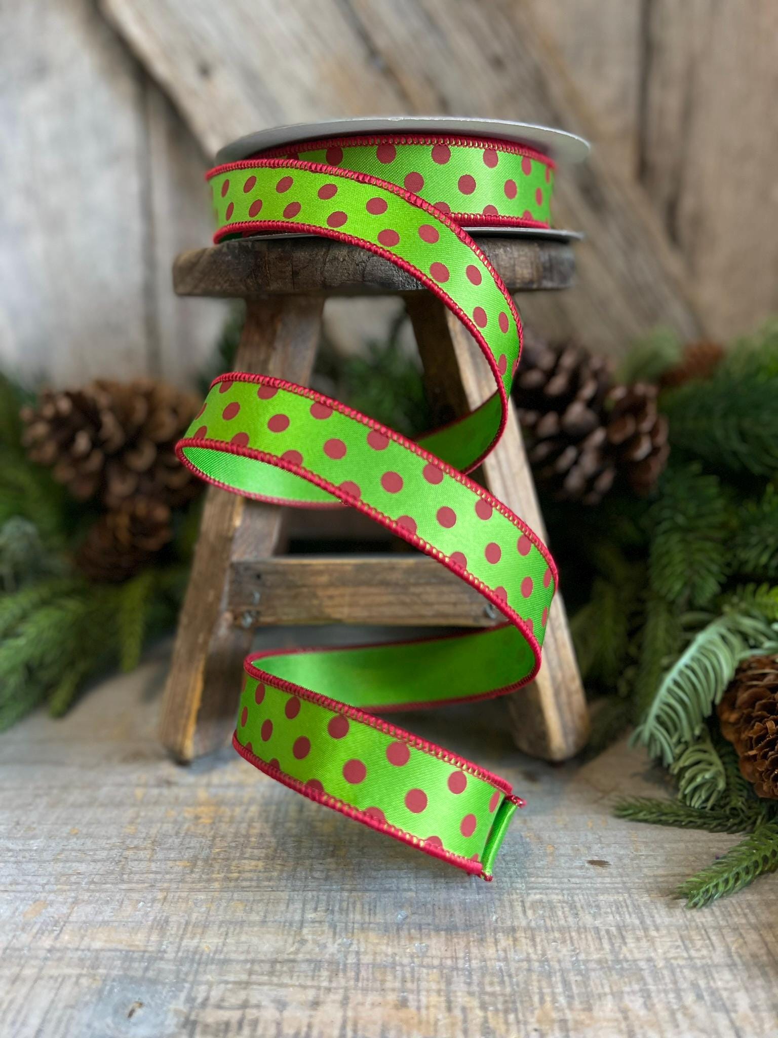 1" Red Lime Green Mini Dot Ribbon, Farrisilk Ribbon