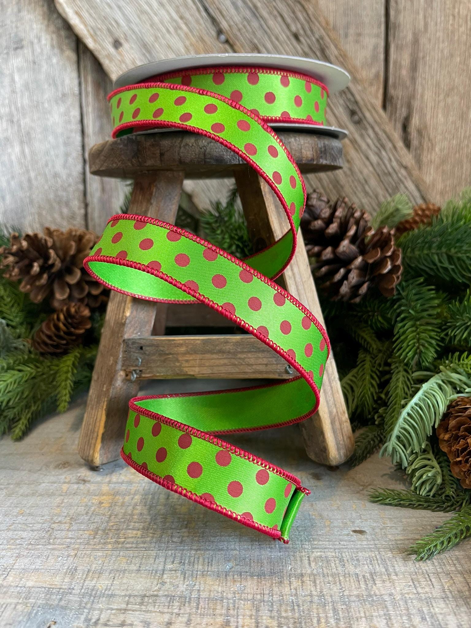 1" Red Lime Green Mini Dot Ribbon, Farrisilk Ribbon