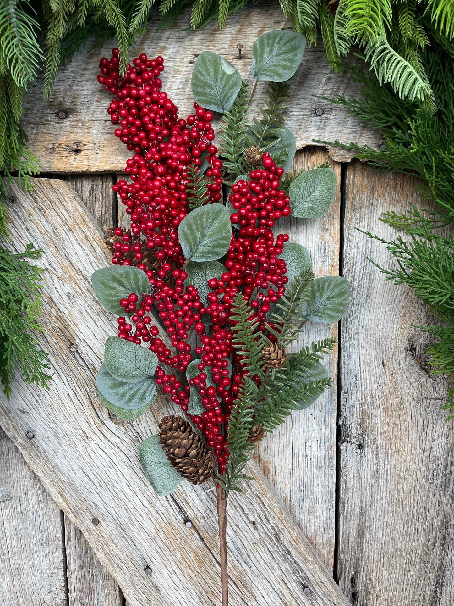 32" Red Berry Eucalyptus Pine Spray, Christmas Berry Spray