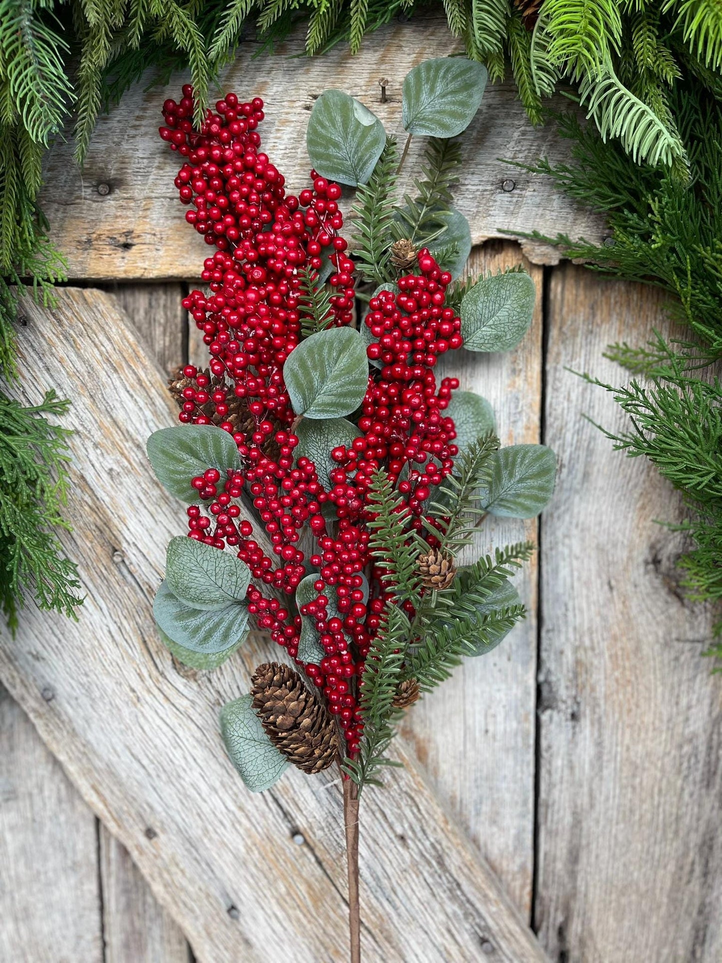 32" Red Berry Eucalyptus Pine Spray, Christmas Berry Spray