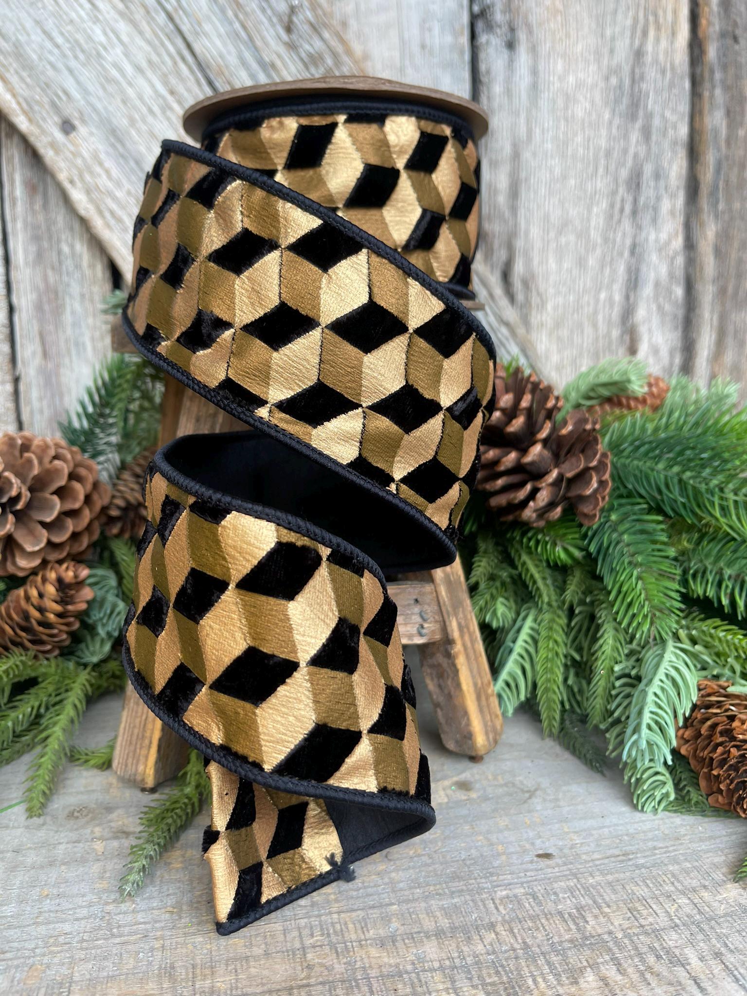 2.5" Black Gold Geometric Velvet Ribbon, Christmas Tree Ribbon Black Gold Ribbon, Wired Ribbon, Designer Ribbon, Velvet Ribbon, Christmas