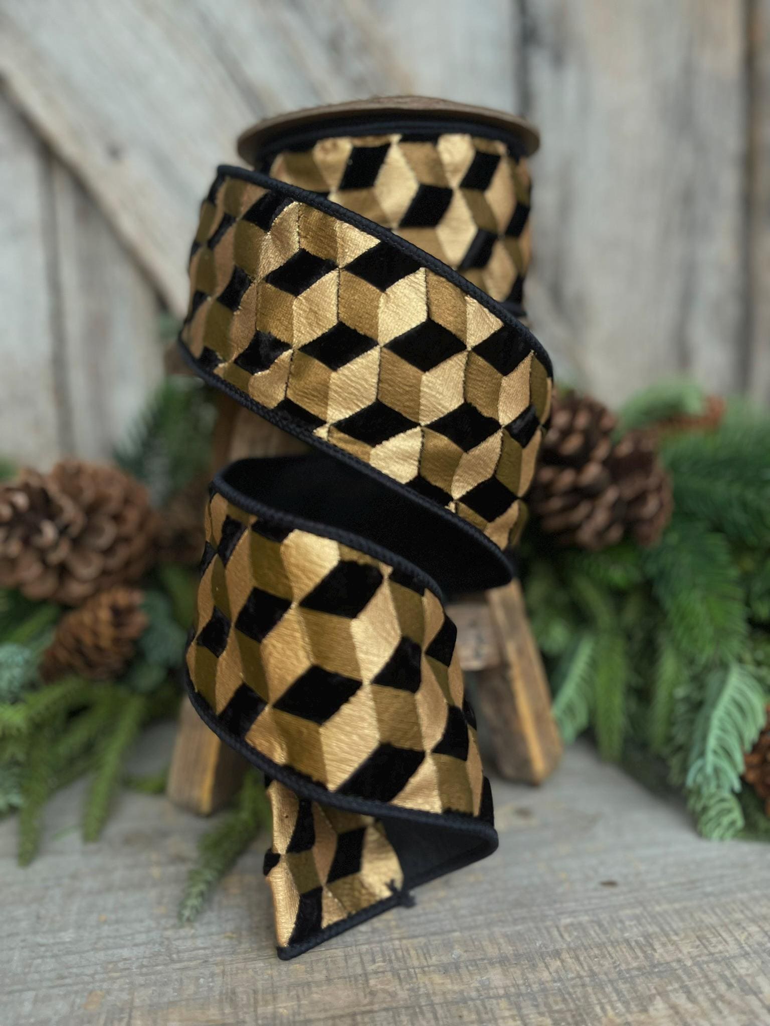 2.5" Black Gold Geometric Velvet Ribbon, Christmas Tree Ribbon Black Gold Ribbon, Wired Ribbon, Designer Ribbon, Velvet Ribbon, Christmas