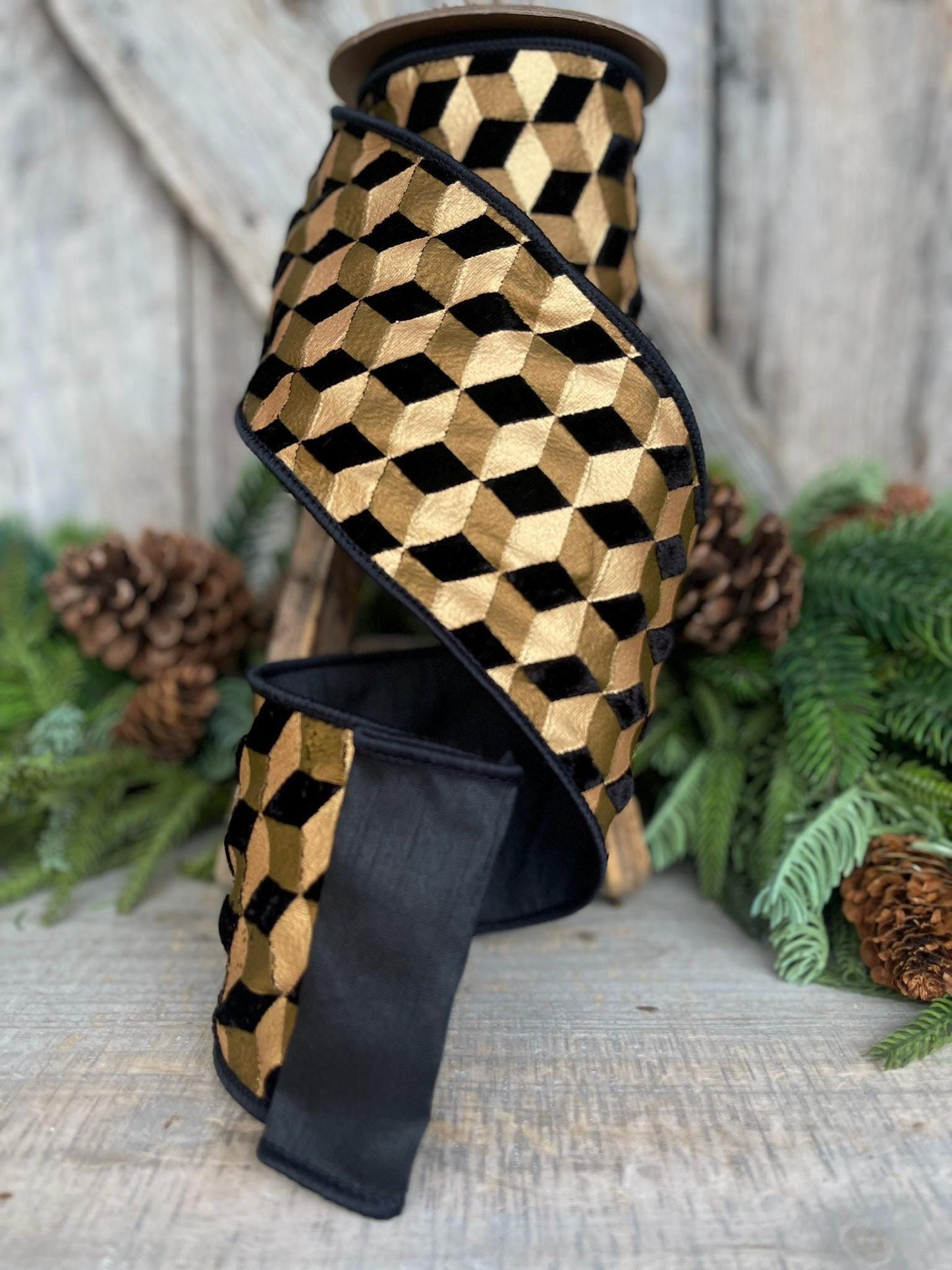 4" Black Gold Geometric Velvet Ribbon, Christmas Tree Ribbon Black Gold Ribbon