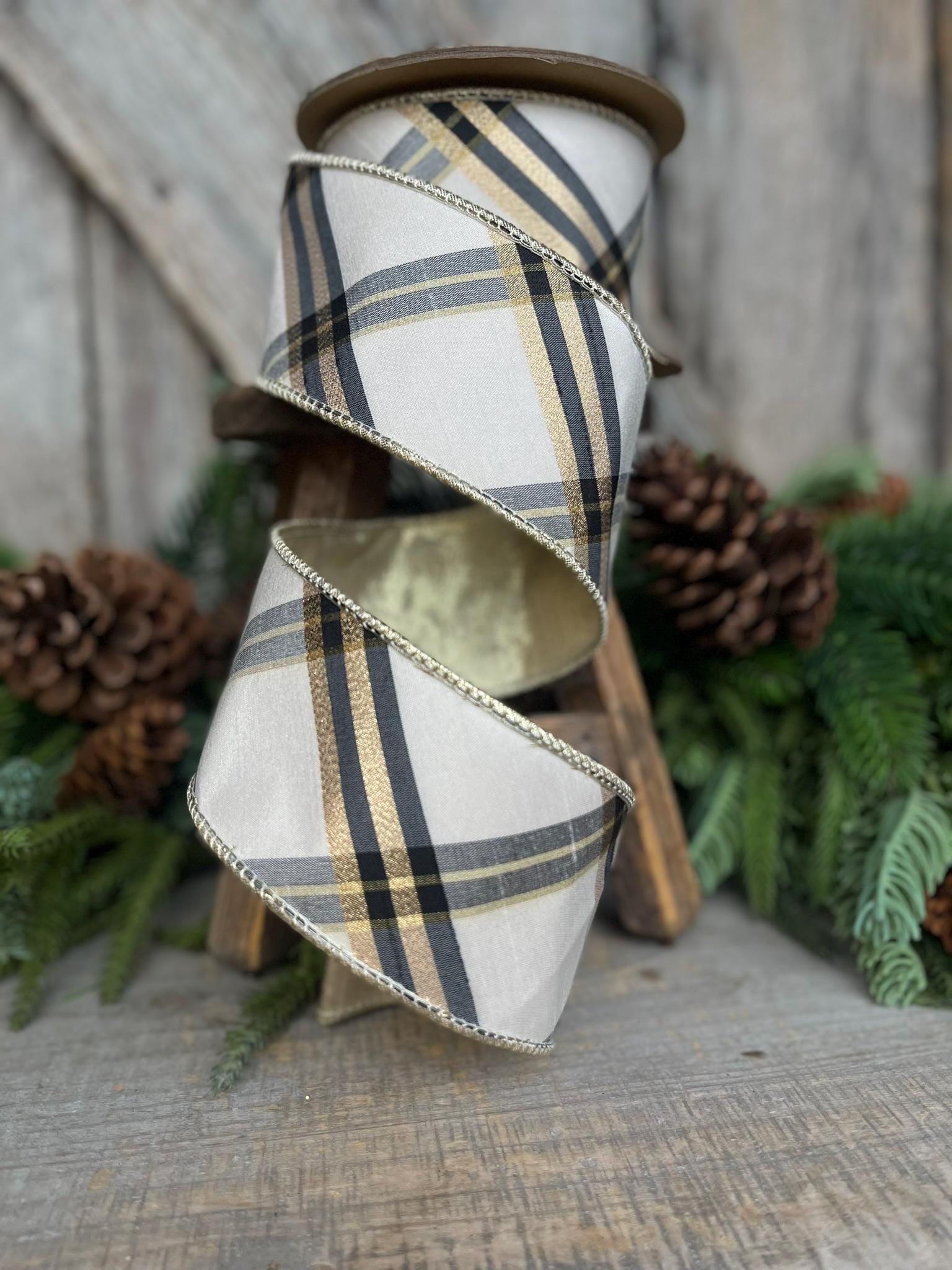 2.5" Ivory Black Gold Plaid Ribbon, Christmas Ribbon, Ivory Christmas Plaid, Wired Ribbon, Off White Ribbon, Cream Ribbon, Cream Plaid