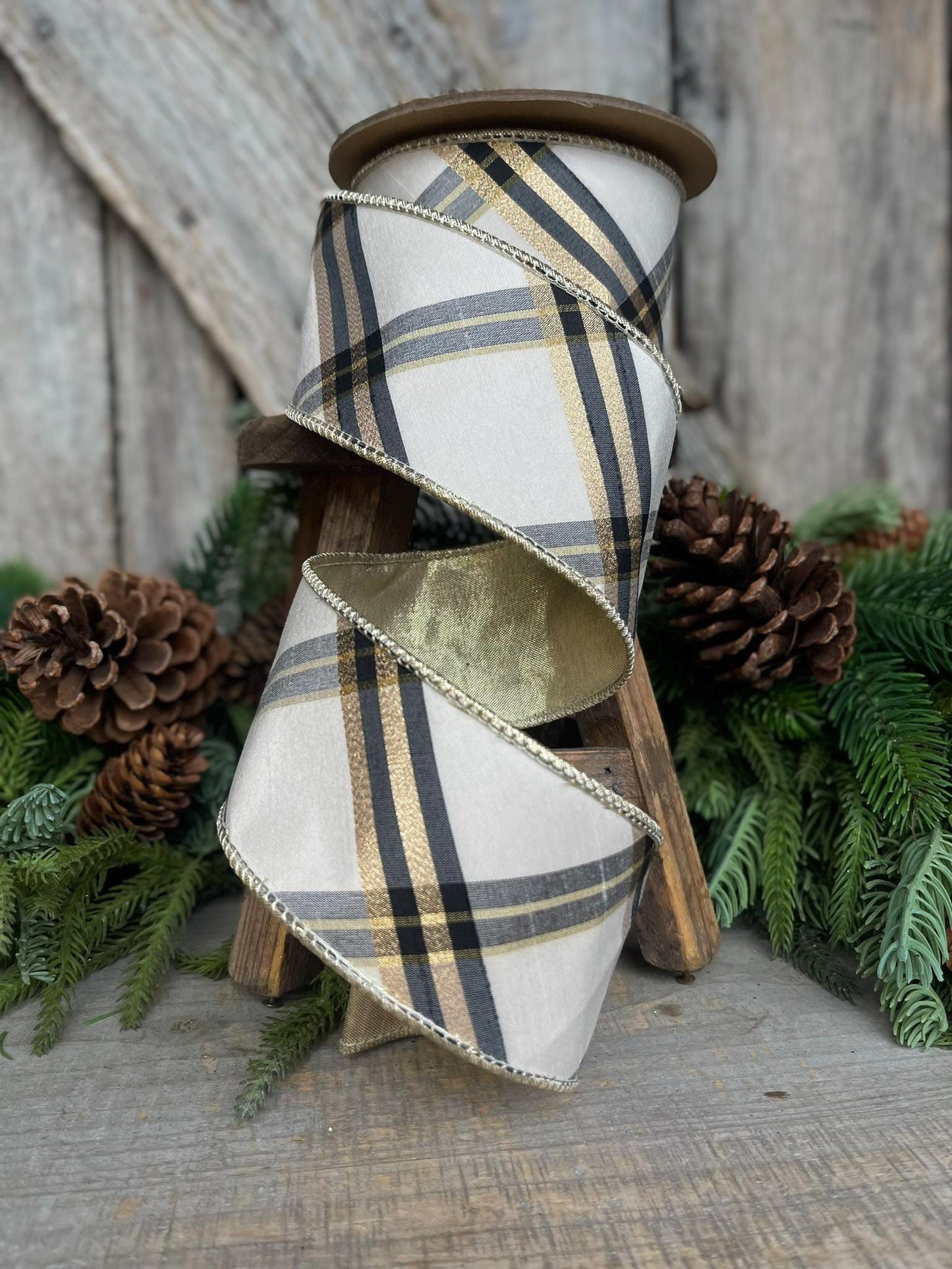 2.5" Ivory Black Gold Plaid Ribbon, Christmas Ribbon, Ivory Christmas Plaid, Wired Ribbon, Off White Ribbon, Cream Ribbon, Cream Plaid