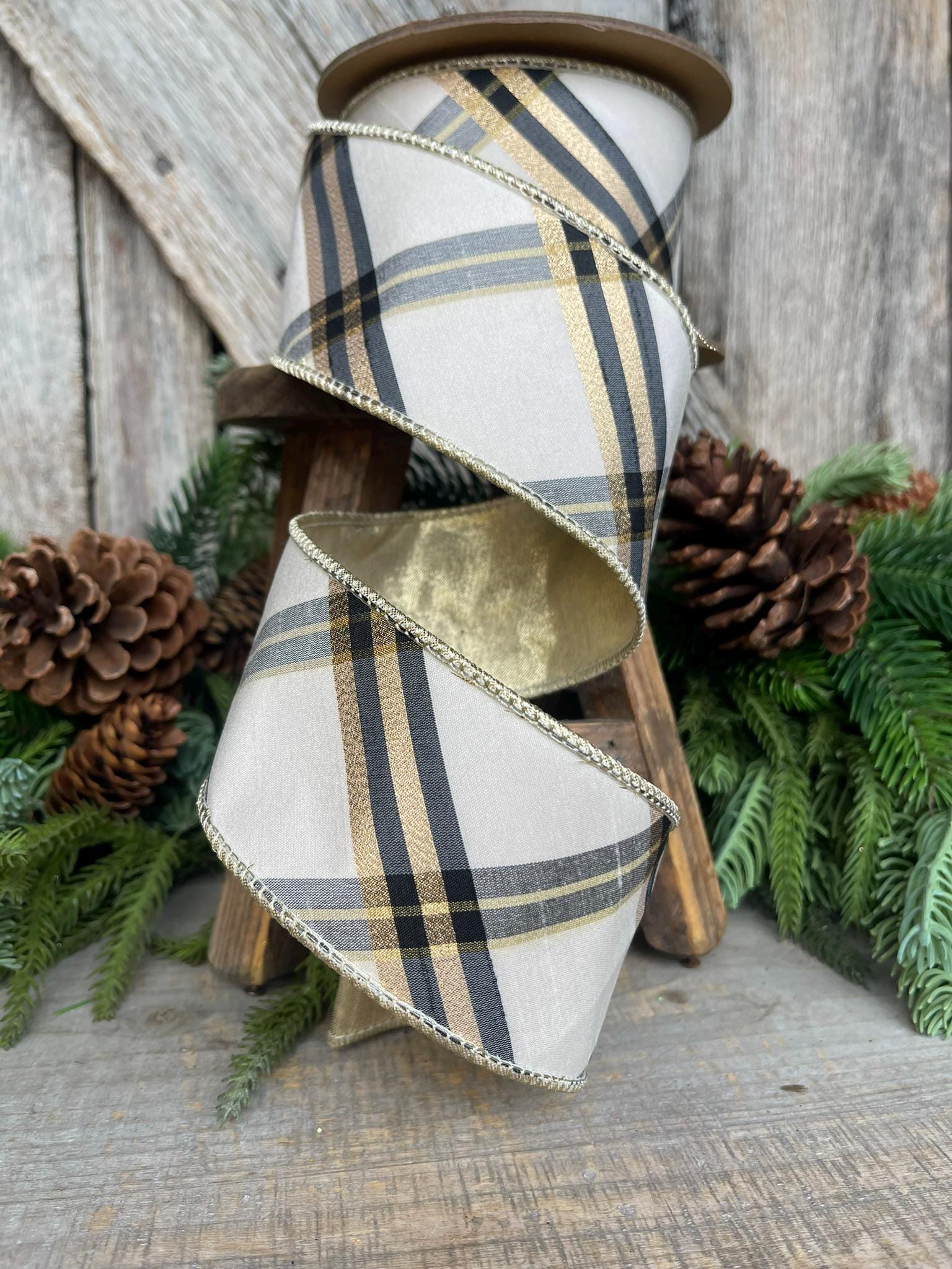 2.5" Ivory Black Gold Plaid Ribbon, Christmas Ribbon, Ivory Christmas Plaid, Wired Ribbon, Off White Ribbon, Cream Ribbon, Cream Plaid