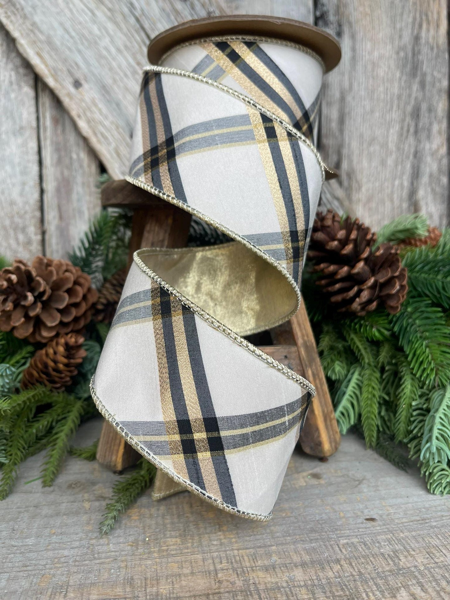 2.5" Ivory Black Gold Plaid Ribbon, Christmas Ribbon, Ivory Christmas Plaid, Wired Ribbon, Off White Ribbon, Cream Ribbon, Cream Plaid