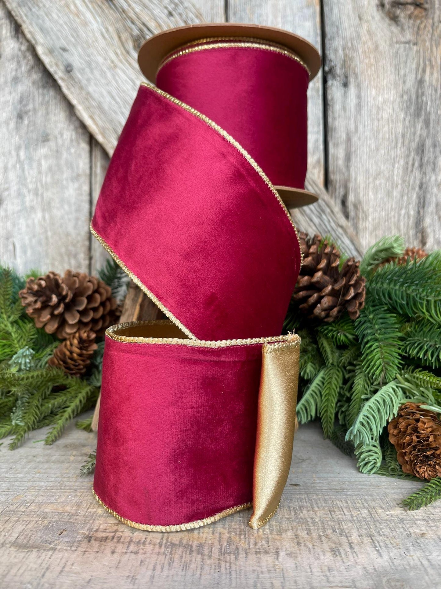 4" Burgundy Gold Velvet Ribbon, Burgundy Velvet Ribbon