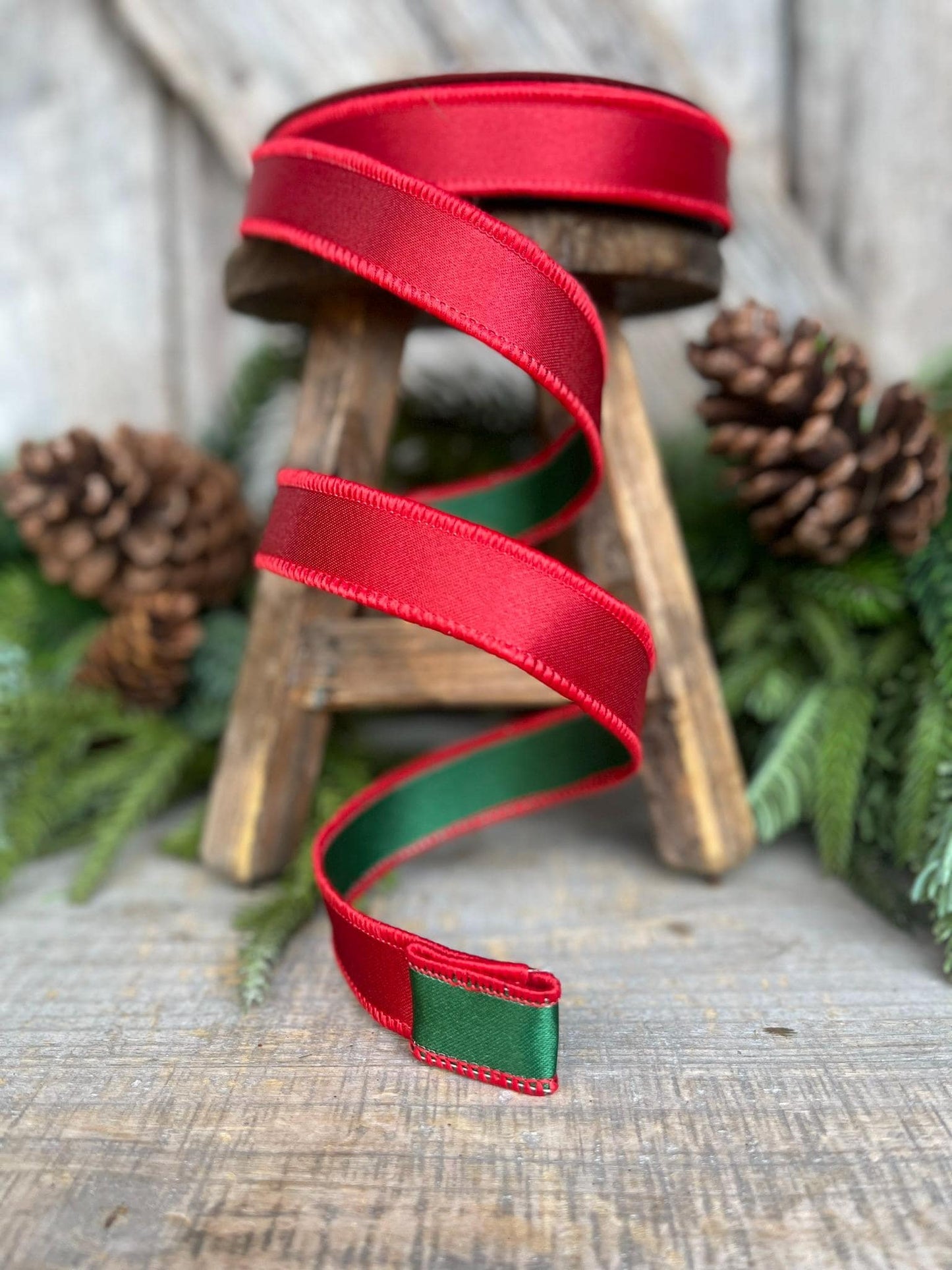 1" Red Green Satin Duo Ribbon, Farrisilk Ribbon, Christmas Ribbon, Double Sided Ribbon, Wired RIbbon, Designer Ribbon, RS162-48