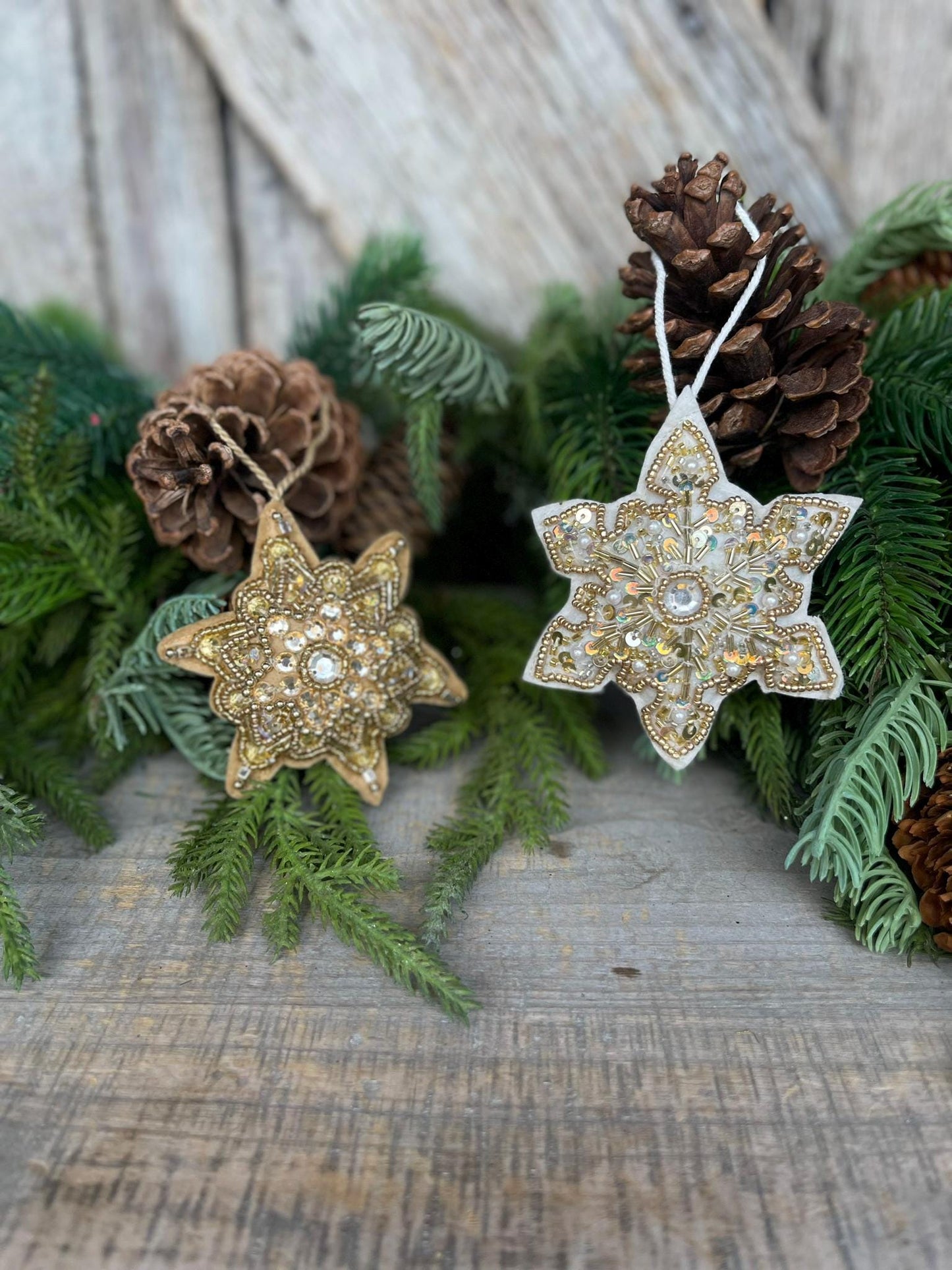 Set of 2 Gold Embroidered Ornaments, 4" Gold Ornaments, Star Ornaments, Gold Christmas Tree Ornaments, Gold Star Ornaments