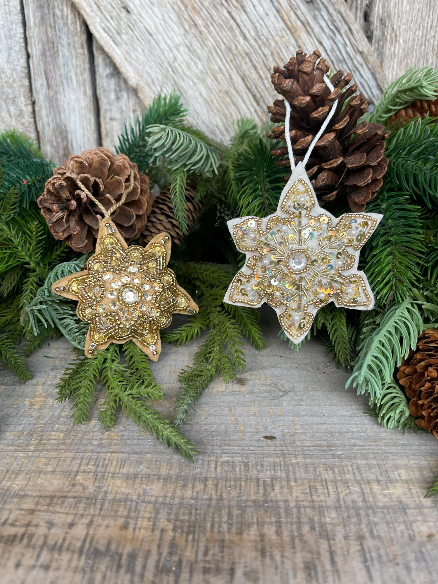 Set of 2 Gold Embroidered Ornaments, 4" Gold Ornaments, Star Ornaments, Gold Christmas Tree Ornaments, Gold Star Ornaments