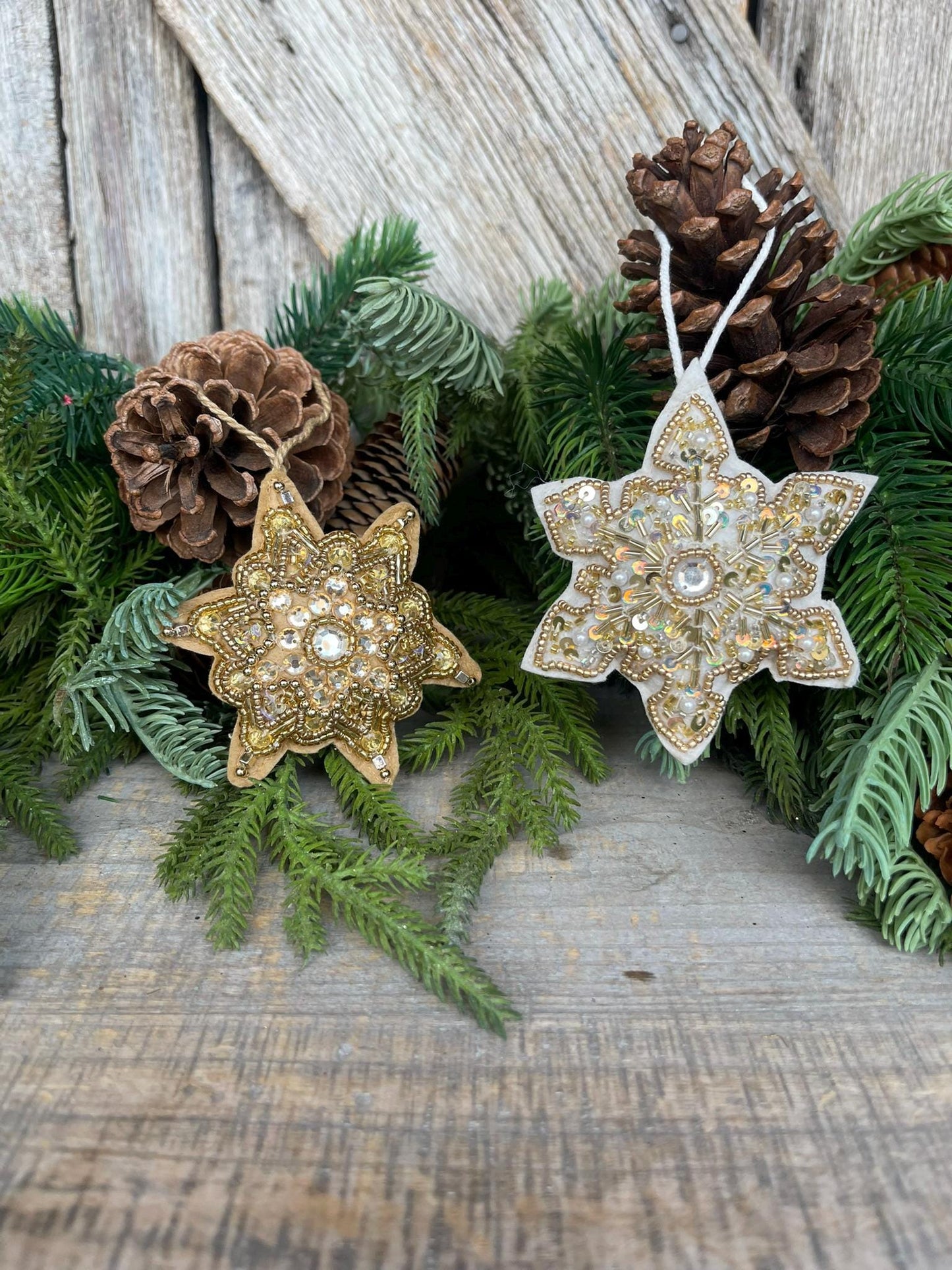 Set of 2 Gold Embroidered Ornaments, 4" Gold Ornaments, Star Ornaments, Gold Christmas Tree Ornaments, Gold Star Ornaments