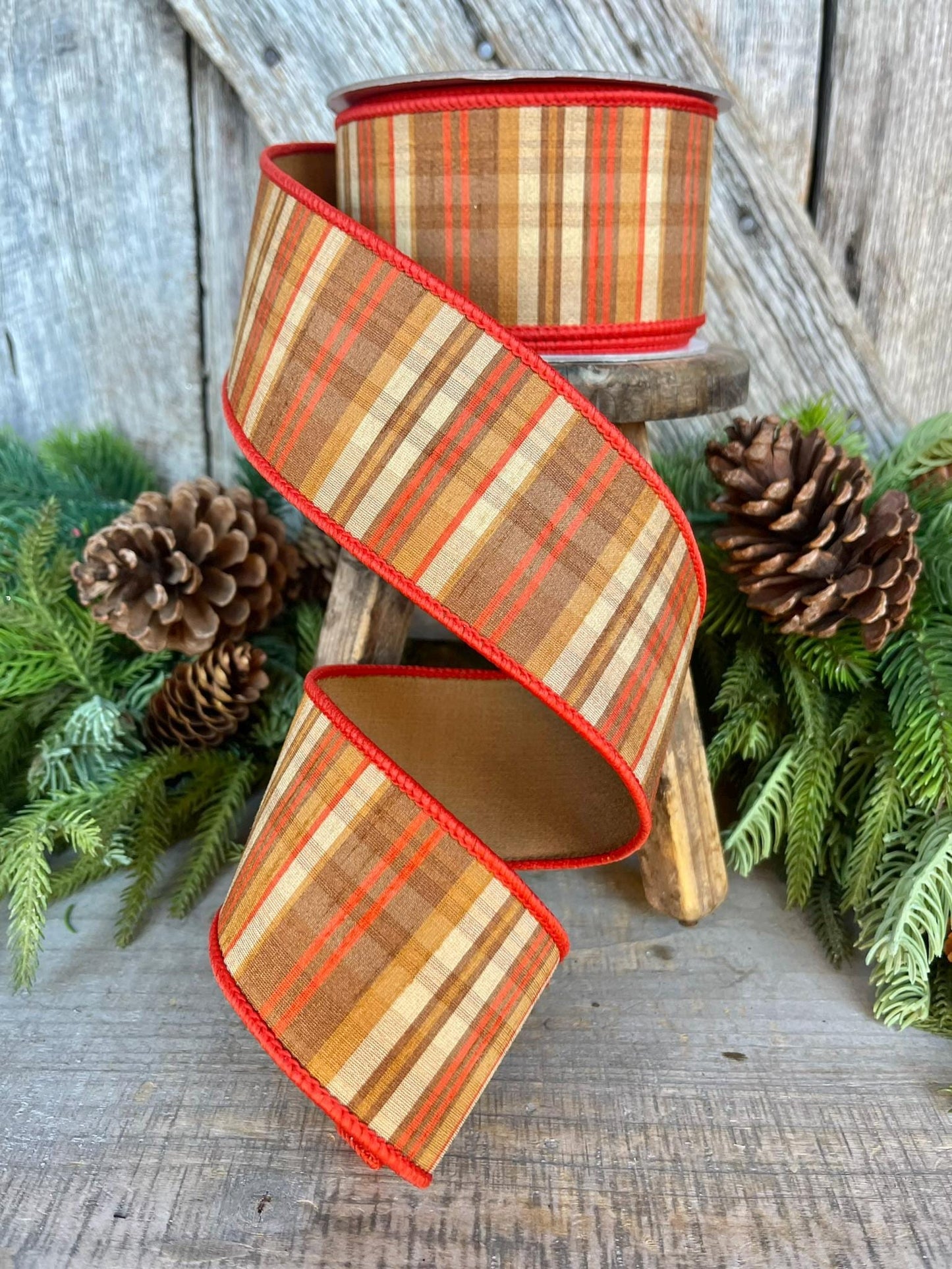 2.5" Candy Corn Plaid Ribbon, Orange Prescott Plaid Ribbon