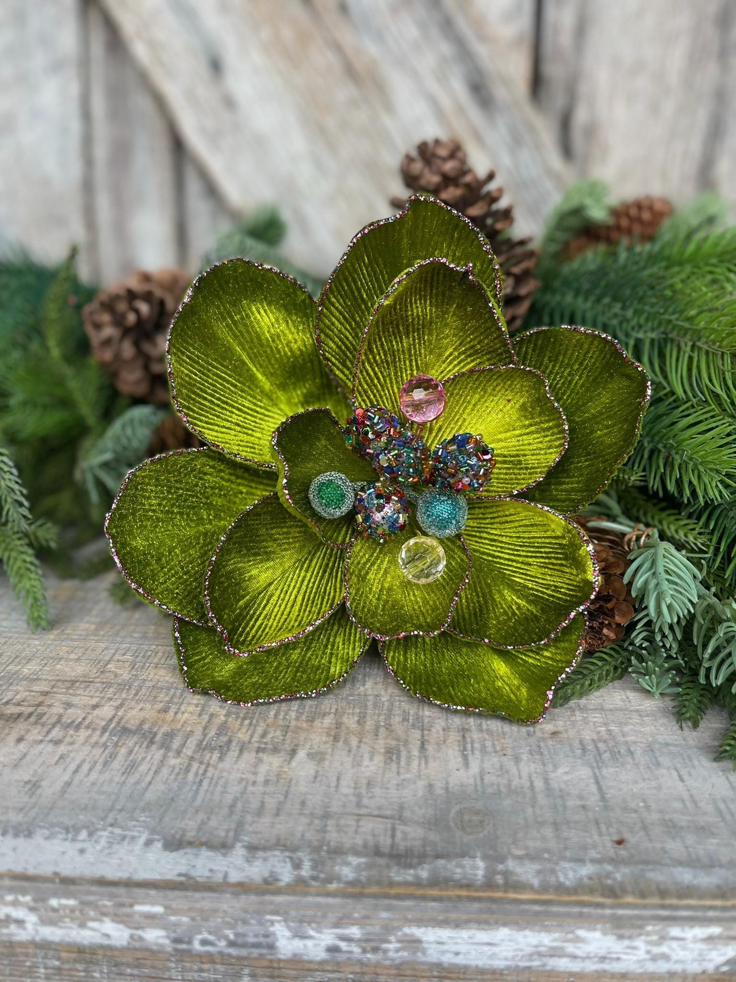 8" Lime Green Magnolia, Christmas Magnolia, Faux Magnolia Stem, Glitz Magnolia, Green Christmas Floral, Christmas Tree Floral, FW337-61