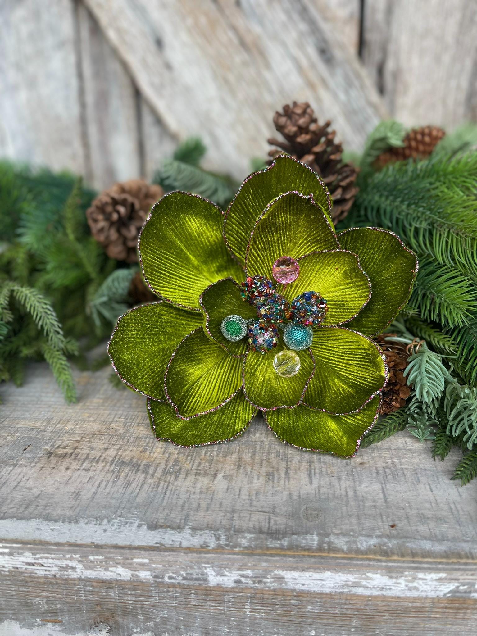 8" Lime Green Magnolia, Christmas Magnolia, Faux Magnolia Stem, Glitz Magnolia, Green Christmas Floral, Christmas Tree Floral, FW337-61