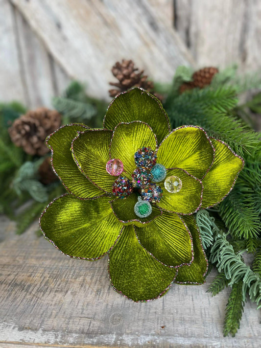 8" Lime Green Magnolia, Christmas Magnolia, Faux Magnolia Stem, Glitz Magnolia, Green Christmas Floral, Christmas Tree Floral, FW337-61