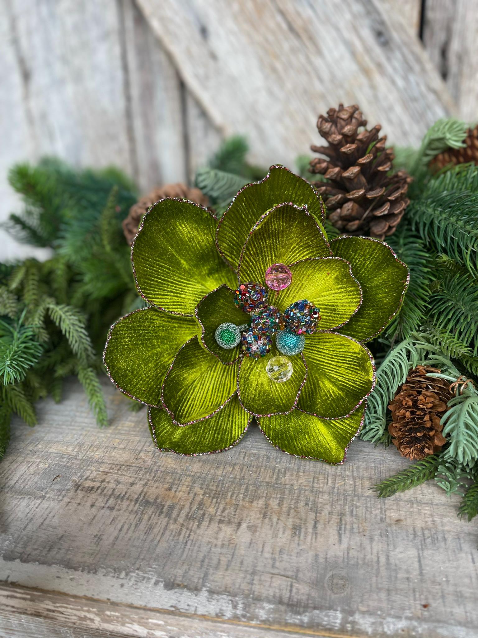 8" Lime Green Magnolia, Christmas Magnolia, Faux Magnolia Stem, Glitz Magnolia, Green Christmas Floral, Christmas Tree Floral, FW337-61