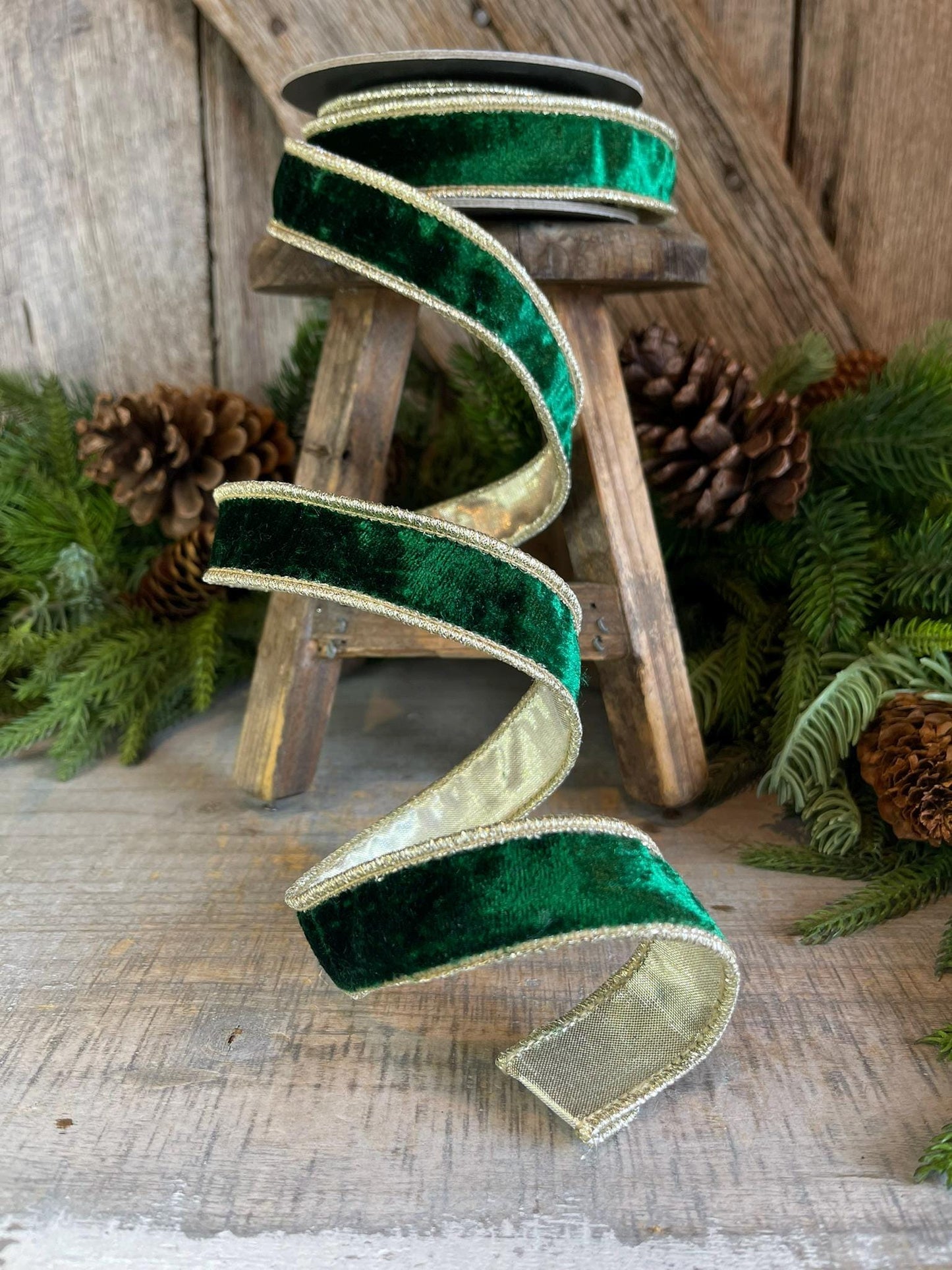 1" Emerald and Gold Velvet Ribbon, Emerald Green Velvet Ribbon, Wired Ribbon, Christmas Ribbon, Christmas Decor, 1 inch Velvet Ribbon