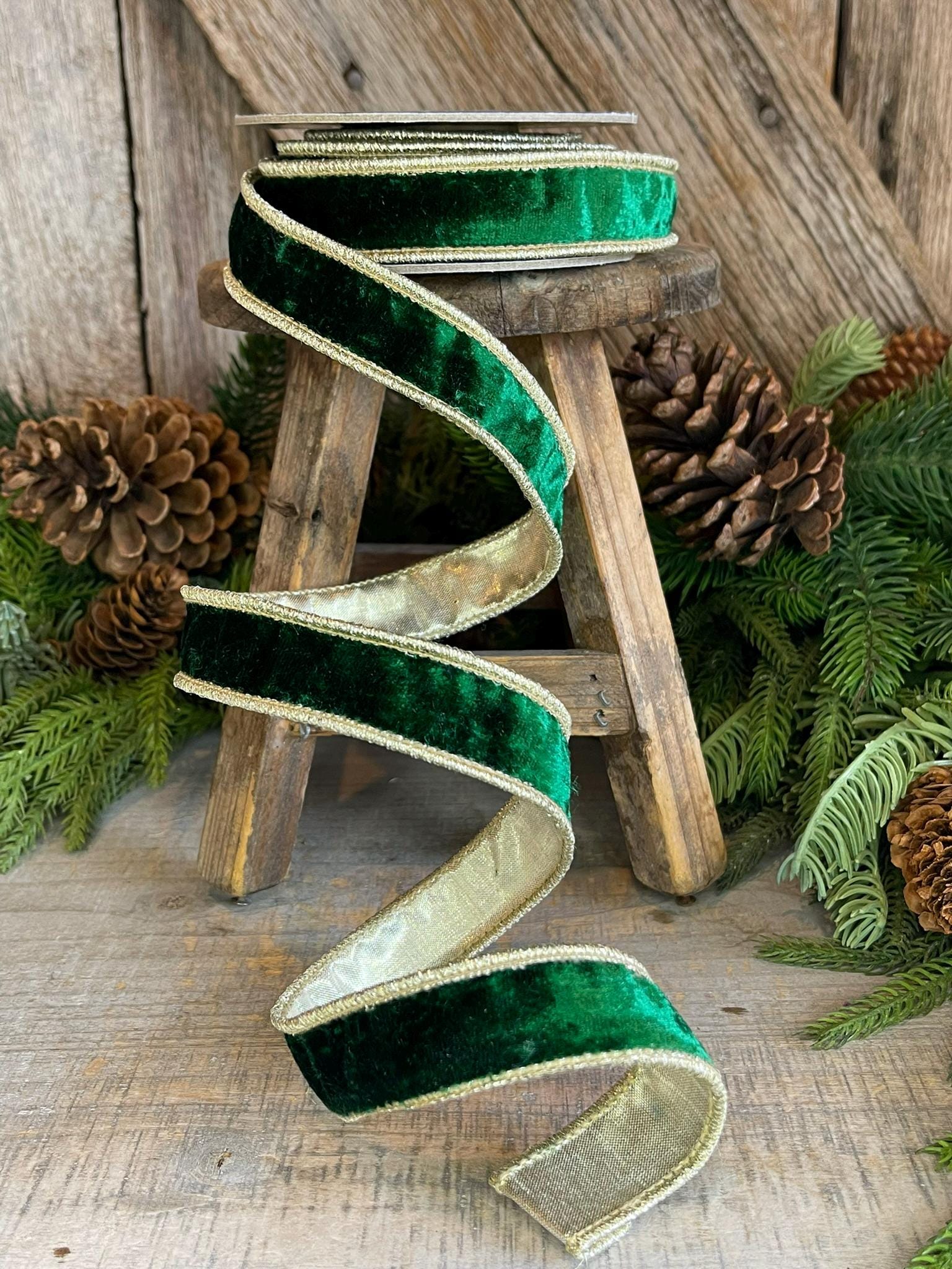 1" Emerald and Gold Velvet Ribbon, Emerald Green Velvet Ribbon, Wired Ribbon, Christmas Ribbon, Christmas Decor, 1 inch Velvet Ribbon