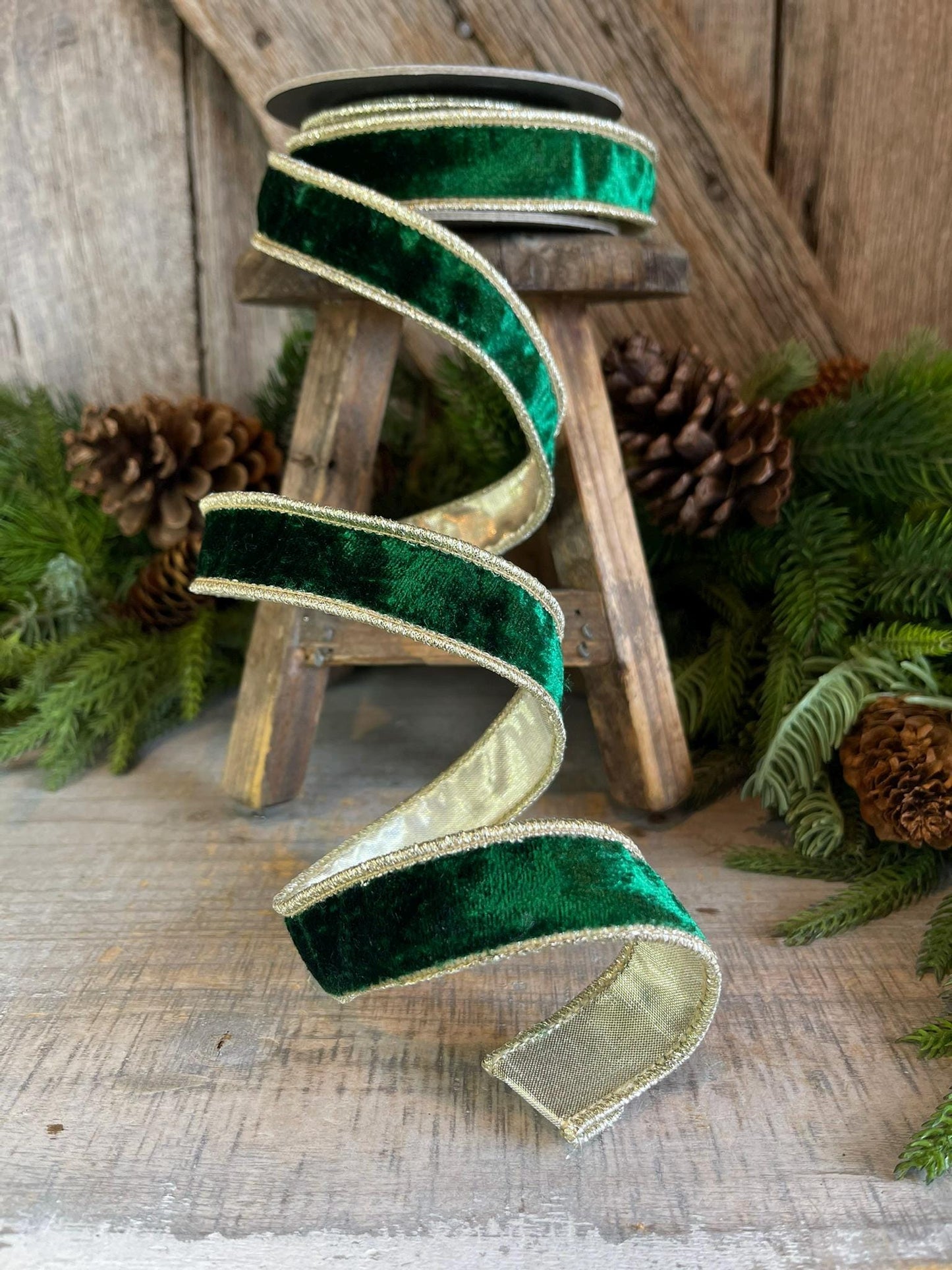 1" Emerald and Gold Velvet Ribbon, Emerald Green Velvet Ribbon, Wired Ribbon, Christmas Ribbon, Christmas Decor, 1 inch Velvet Ribbon