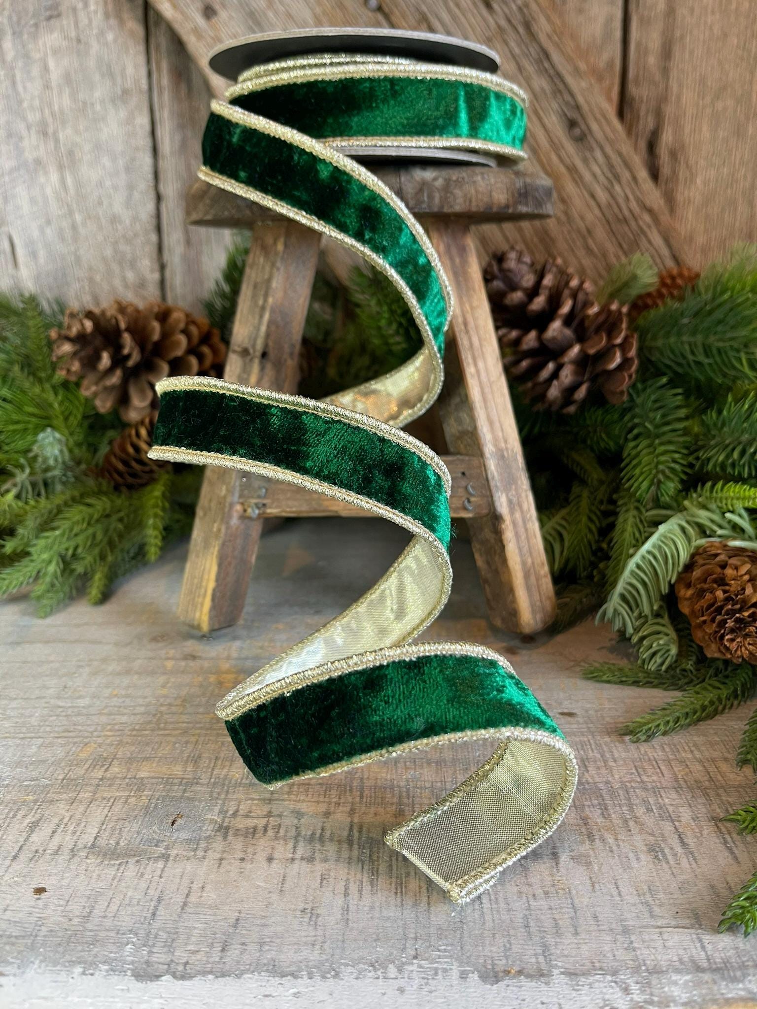 1" Emerald and Gold Velvet Ribbon, Emerald Green Velvet Ribbon, Wired Ribbon, Christmas Ribbon, Christmas Decor, 1 inch Velvet Ribbon