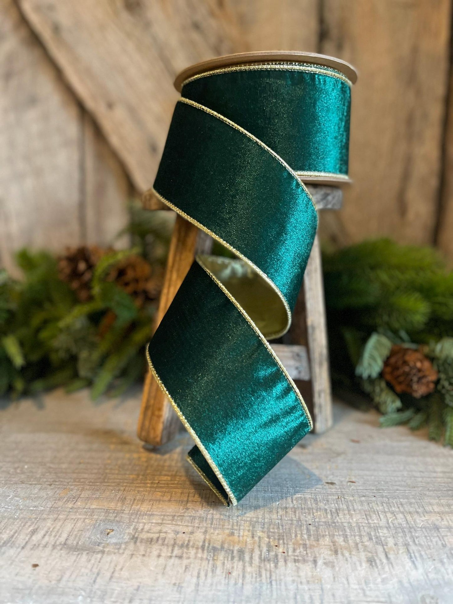 2.5" Emerald Green Gold Velvet, Velveteen Ribbon