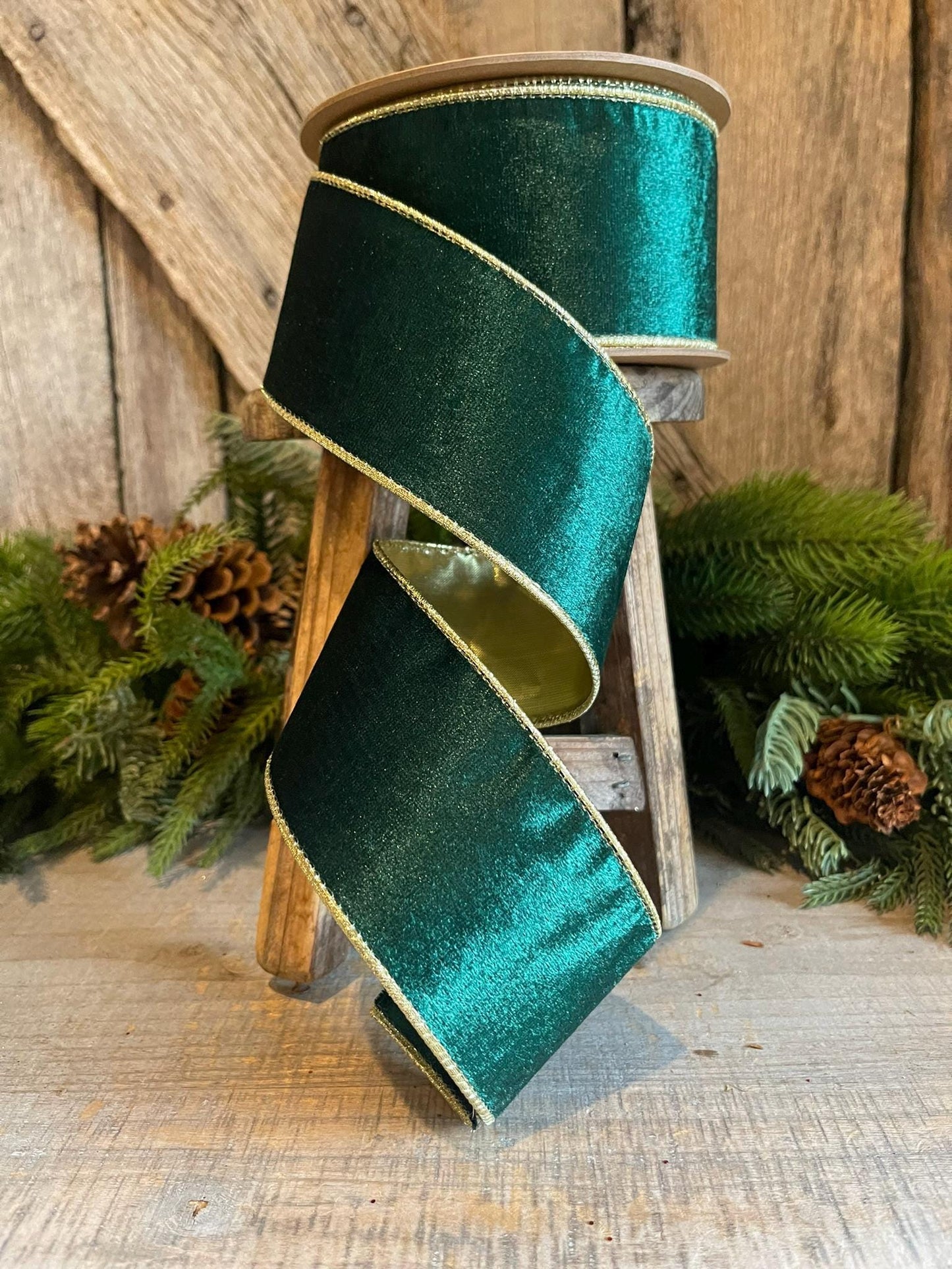 2.5" Emerald Green Gold Velvet, Velveteen Ribbon, Wired Ribbon, Green Velvet Ribbon, Green and Gold Velvet, Christmas Ribbon, Gift Wrap