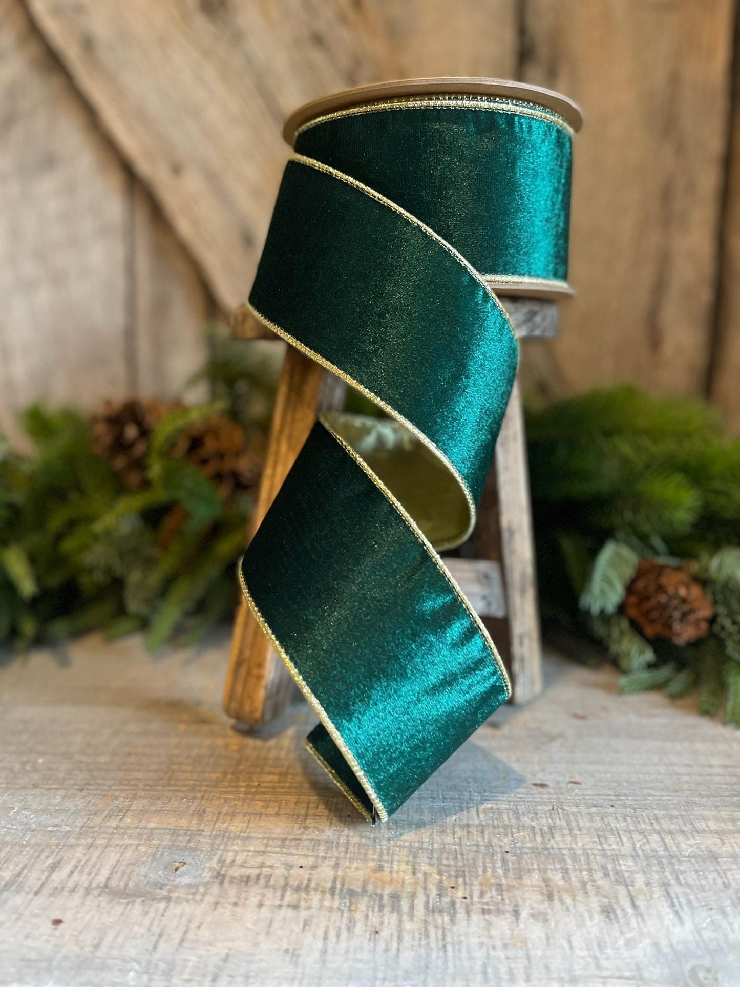 2.5" Emerald Green Gold Velvet, Velveteen Ribbon, Wired Ribbon, Green Velvet Ribbon, Green and Gold Velvet, Christmas Ribbon, Gift Wrap