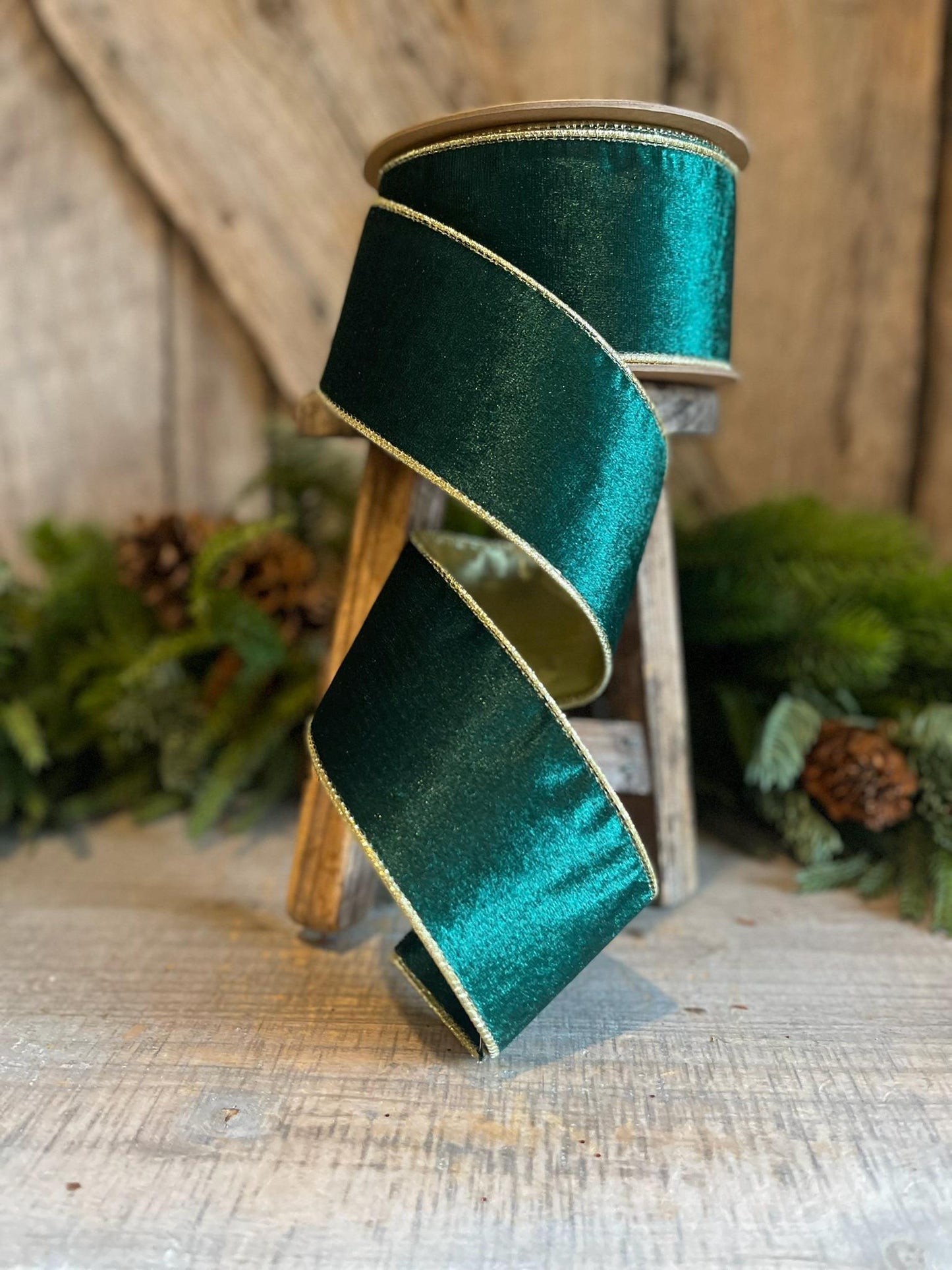 2.5" Emerald Green Gold Velvet, Velveteen Ribbon