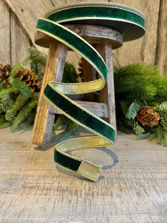 3/4" Emerald Green Flashy Velvet, Farrisilk Ribbon, Wired Ribbon, Green Velvet Ribbon, Green and Gold Velvet, Christmas Ribbon,Wreath Supply